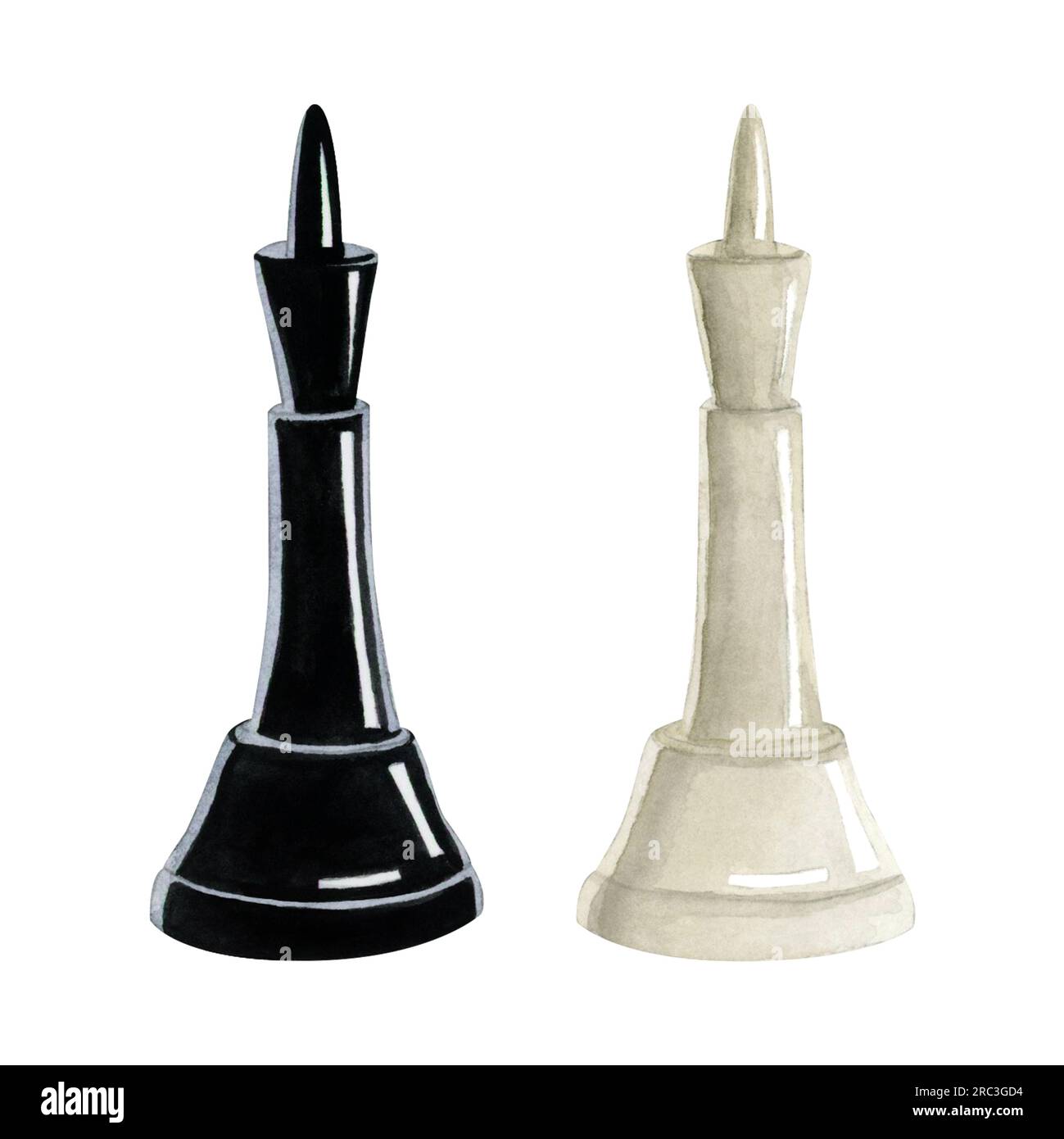 Aquarelle Schachfiguren in Schwarz und Weiß. Realistische Figuren für Designs von Schachtagen und Brettspielen Stockfoto