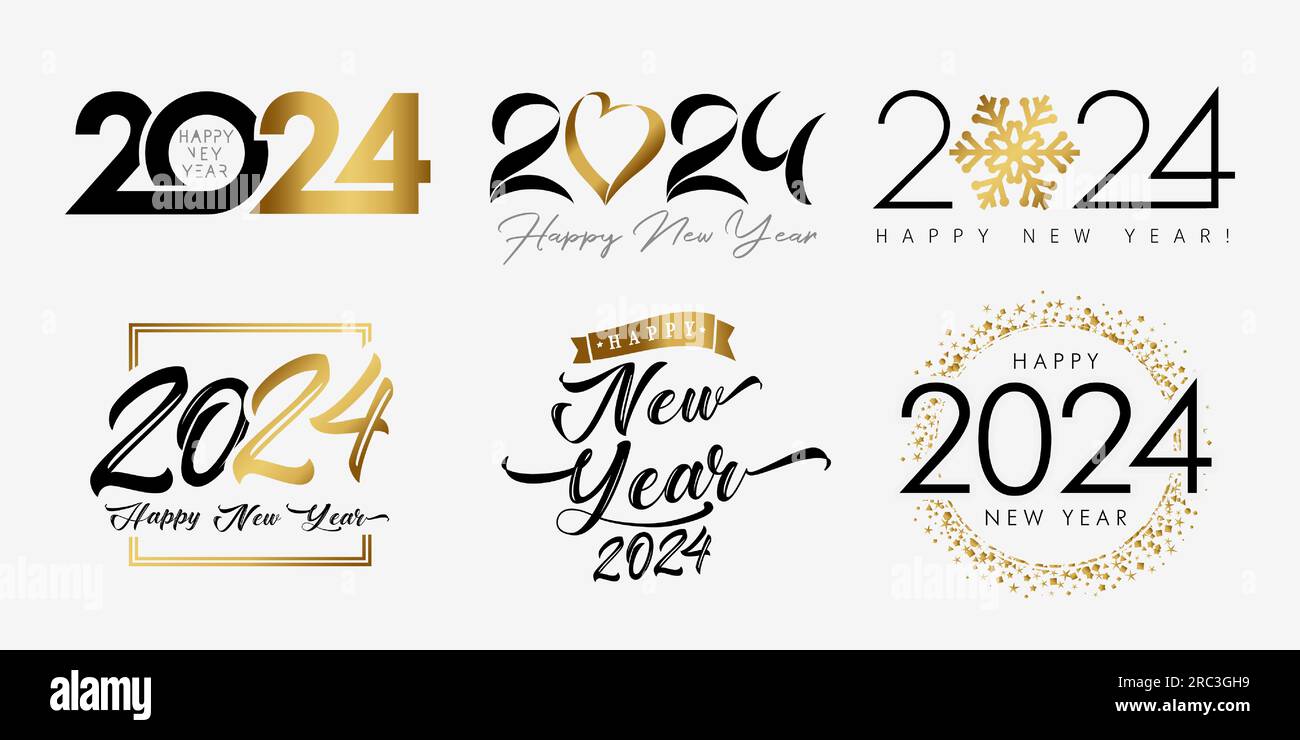 Großes Set mit 2024 „Happy New Year“-Logo mit goldenen und schwarzen Buchstaben, Herz und Schneeflocke. Vorlagendesign 20 24-Nummer für Silvesterparty-Flyer Stock Vektor