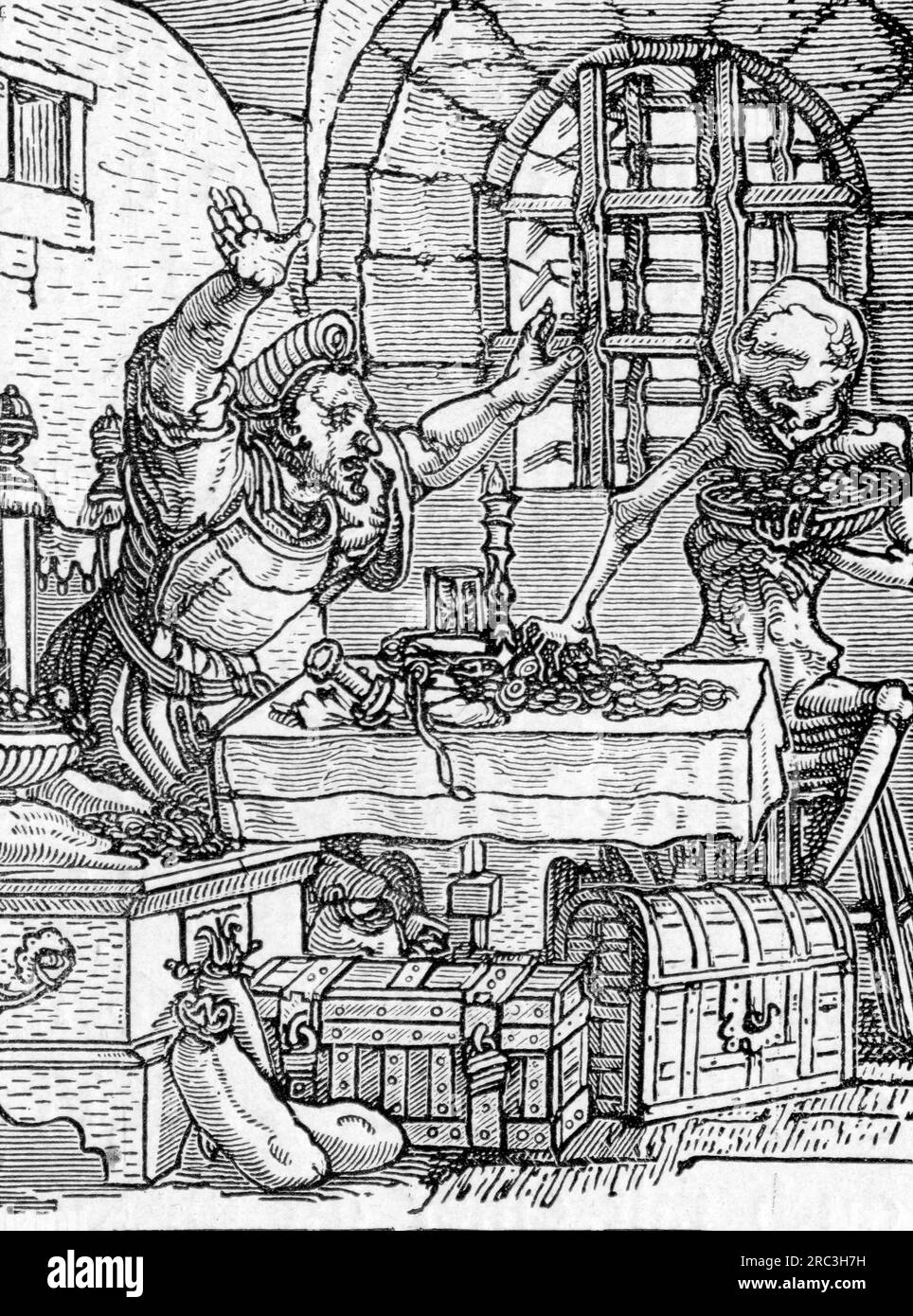 Tod, Tanz des Todes, Tod des Geizhals, von Hans Holbein dem Jüngeren (1497 - 1543), Holzschnitt, 16. Jahrhundert, DAS URHEBERRECHT DES KÜNSTLERS MUSS NICHT GEKLÄRT WERDEN Stockfoto