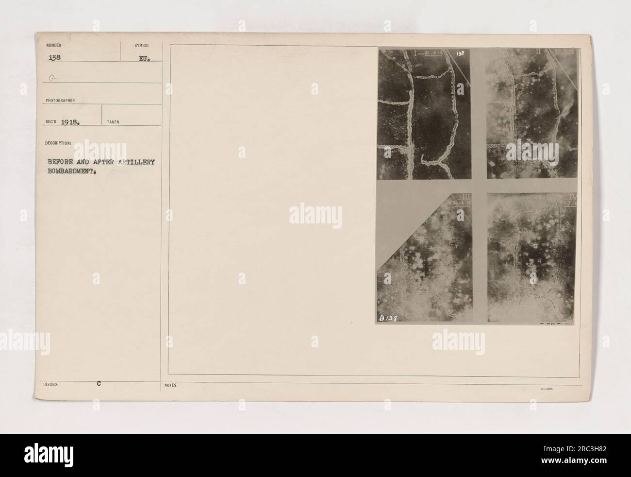 Dieses Foto zeigt die Nachwirkungen eines Artilleriebombardiments während des Ersten Weltkriegs. Der Bereich im Bild wurde schwer beschädigt, da sich auf der Landschaft Schmutz verstreut hat. Die Zerstörung durch die Bombardierung ist offensichtlich, was die verheerenden Auswirkungen des Krieges unterstreicht. Stockfoto