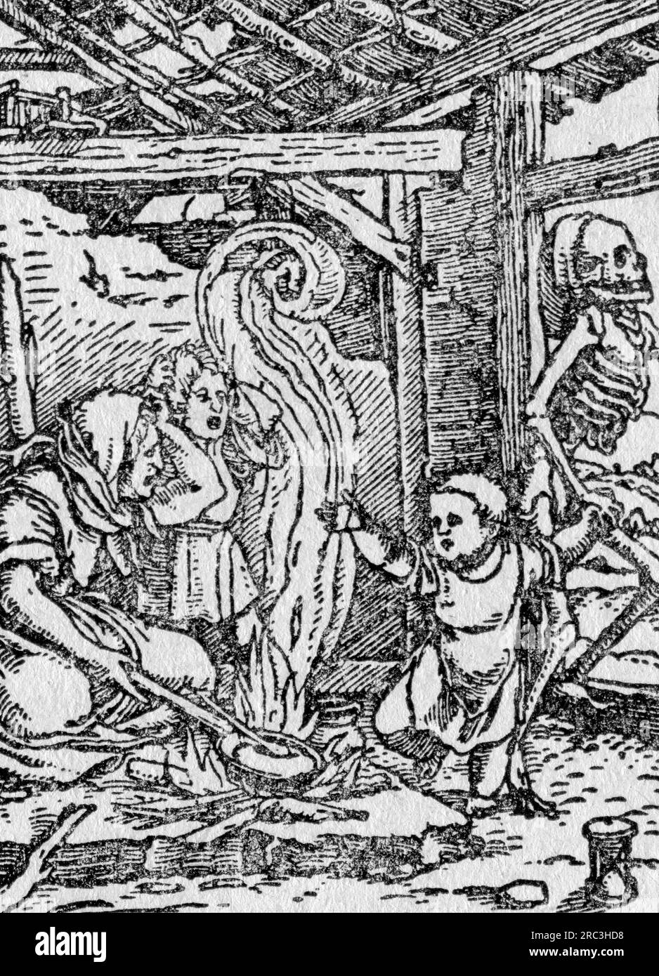 Tod, Tanz des Todes, Tod des Kindes, von Hans Holbein dem Jüngeren (1497 - 1543), Holzschnitt, 16. Jahrhundert, URHEBERRECHT DES KÜNSTLERS MUSS NICHT GEKLÄRT WERDEN Stockfoto