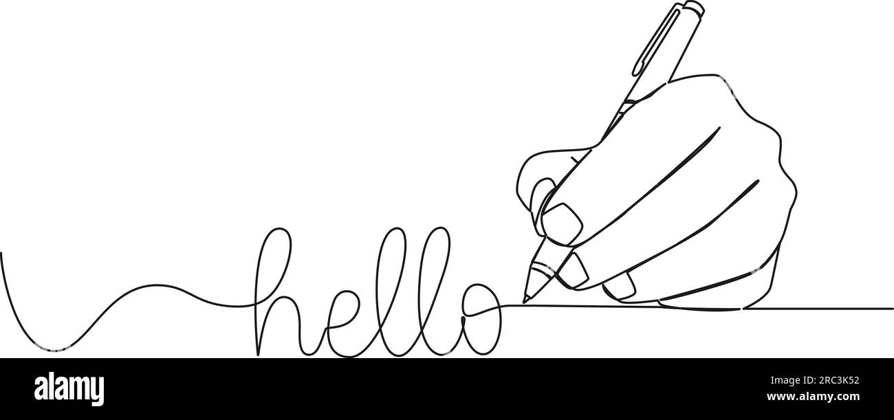 Fortlaufendes einzeiliges Zeichnen des handschreibenden Wortes HELLO mit Kugelschreiber, Strichgrafiken-Vektordarstellung Stock Vektor