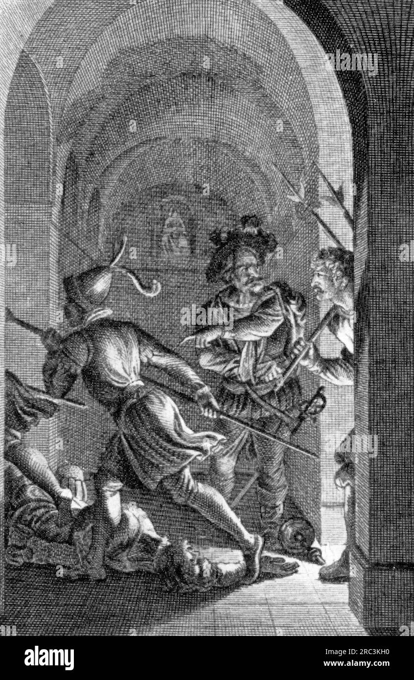 Theater / Theater, Theaterstück, 'Wallensteins Tod', von Friedrich Schiller (1759 - 1805), 5. Akt, 7. Szene, URHEBERRECHT DES KÜNSTLERS MUSS NICHT GEKLÄRT WERDEN Stockfoto