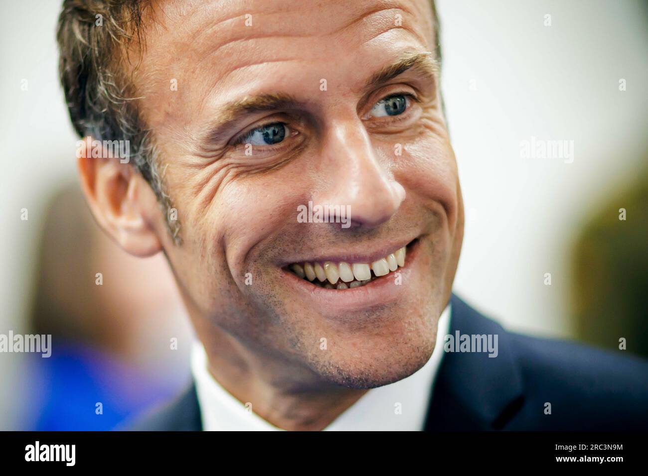 Vilnius, Litauen. 12. Juli 2023. Emmanuel Macron, Präsident Frankreichs, wurde auf dem NATO-Gipfel in Vilnius, Litauen, fotografiert. Vilnius, 07/12/2023. Kredit: dpa/Alamy Live News Stockfoto