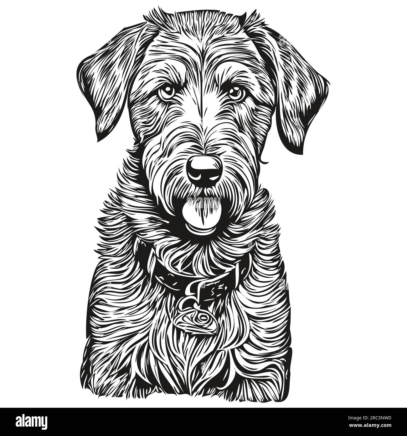 Airedale Terrier Dog Logo schwarz-weiß, klassischer niedlicher Hundekopf eingraviert Stock Vektor