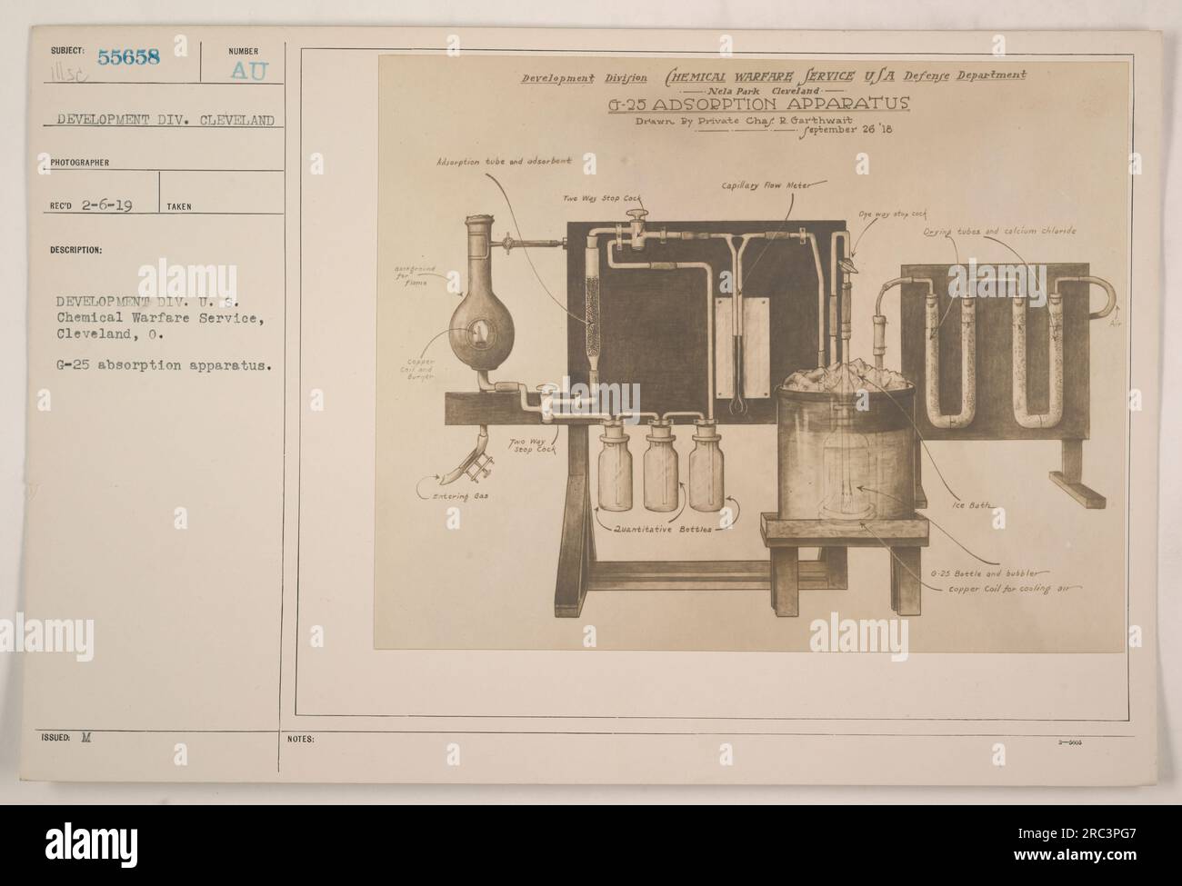 Bildunterschrift: USA Entwicklungsabteilung des Chemical Warfare Service in Cleveland, O. G-25-Absorptionsapparat. Das Foto zeigt Ausrüstung, die während des Ersten Weltkriegs zum Absorbieren und Filtern von Chemikalien verwendet wurde Das Gerät umfasst Adsorptionsrohre, Stoppschlösser, einen Durchflussmesser und eine Kupferspule für Kühlzwecke. Stockfoto