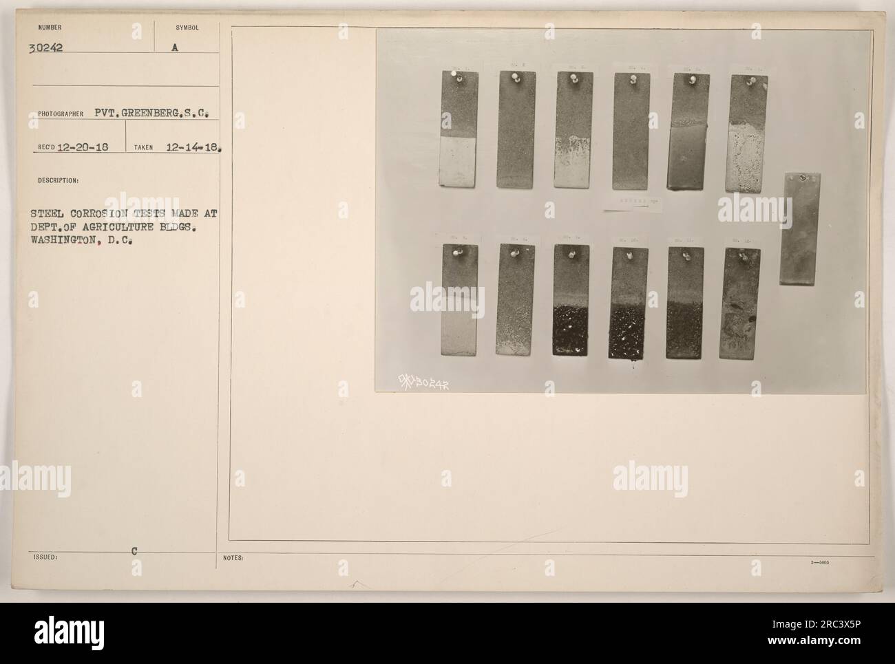 Amerikanische Soldaten, die im Ersten Weltkrieg Stahlkorrosionstests in den Gebäuden des Landwirtschaftsministeriums in Washington, D.C. durchführten. Das Foto, das am 14. Dezember 1918 aufgenommen wurde, trägt die Bildnummer 30242 und wurde von Private Greenberg aufgenommen. Stockfoto