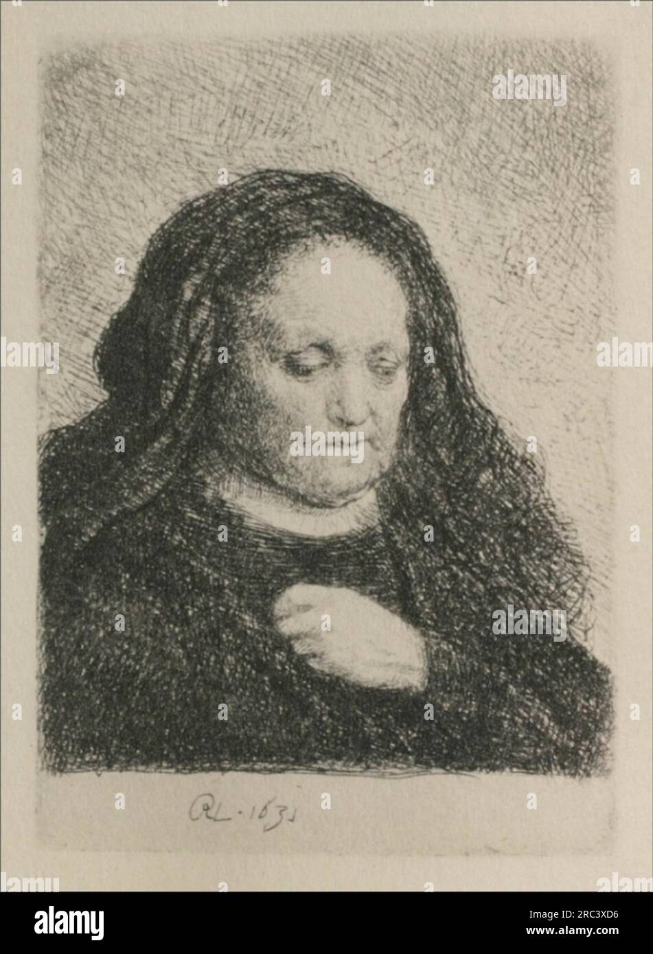 Rembrandts Mutter in einem schwarzen Kleid, als kleiner Aufdruck 1631 von Rembrandt Stockfoto