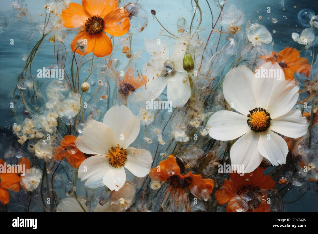 Wildblumen im gefrorenen Wasser. Blumenhintergrund. Botanische Tapete. Natürliche Dekoration mit Feldblumen im Eis. Blütenzusammensetzung Stockfoto