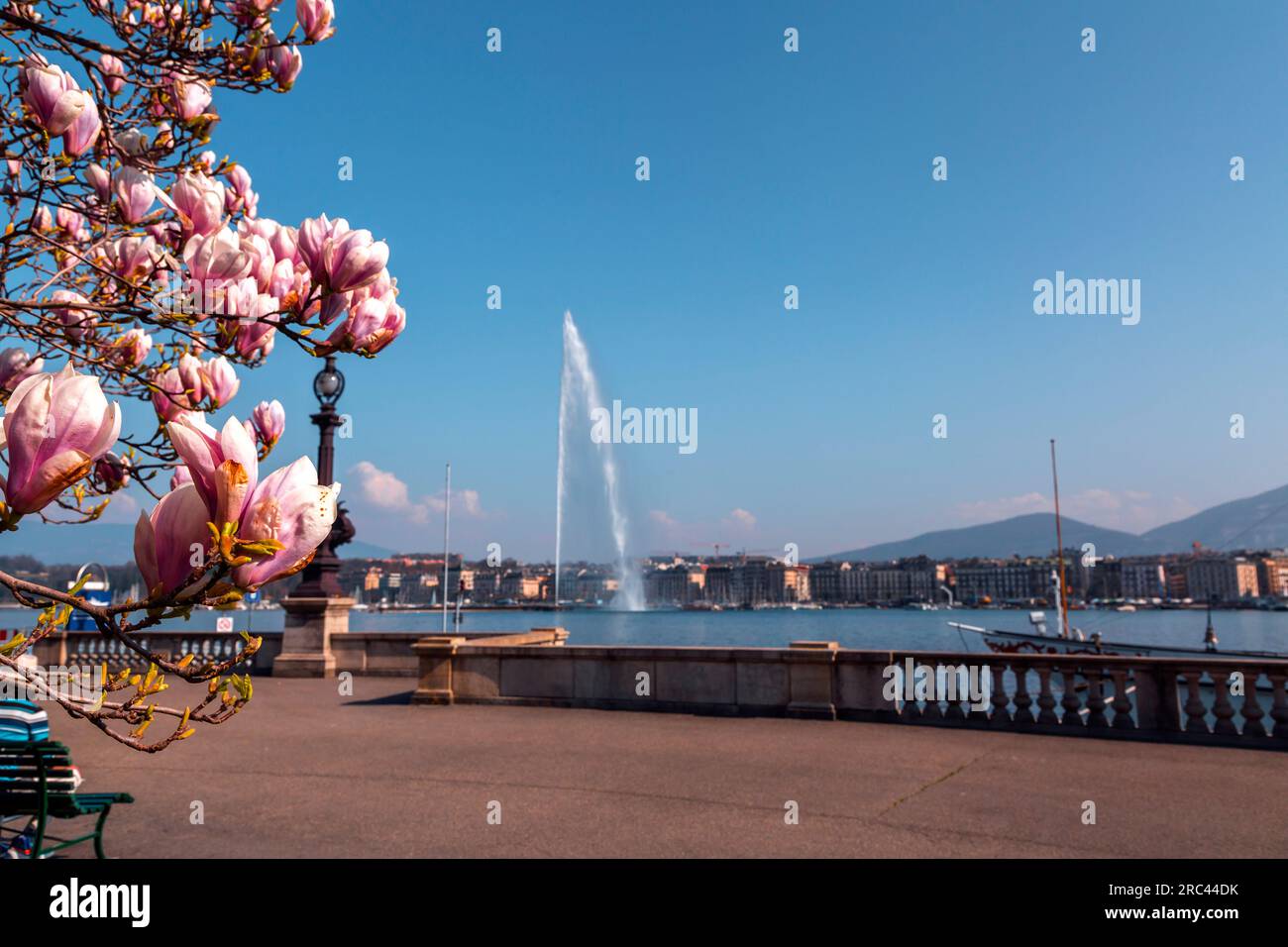 Malerischer Blick vom Genfer See an der Bucht von Genf, dem französischen Teil der Schweiz. Stockfoto