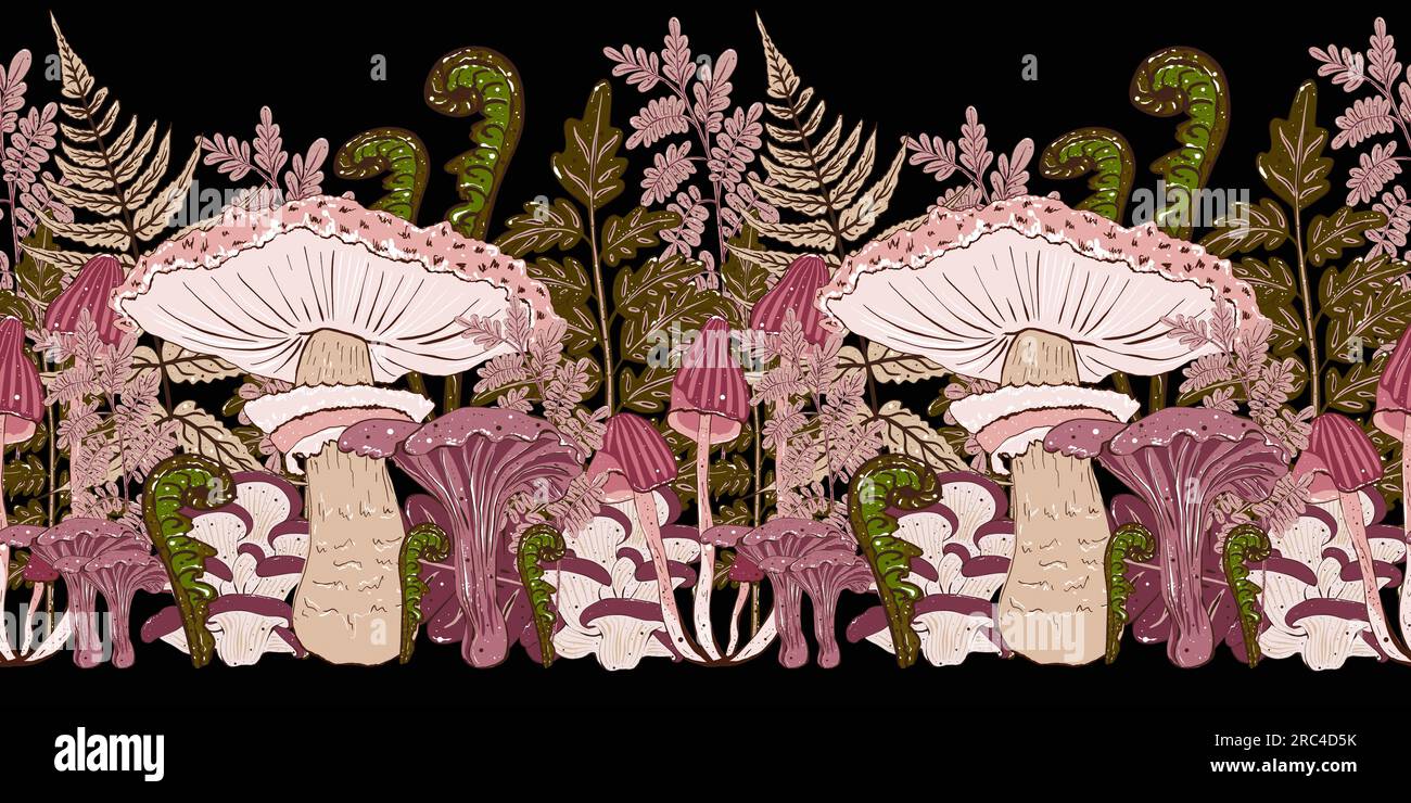 Nahtloser botanischer Rand. Dekorative Pilze und Zweige im Cartoon-Stil auf schwarzem Hintergrund. Stockfoto