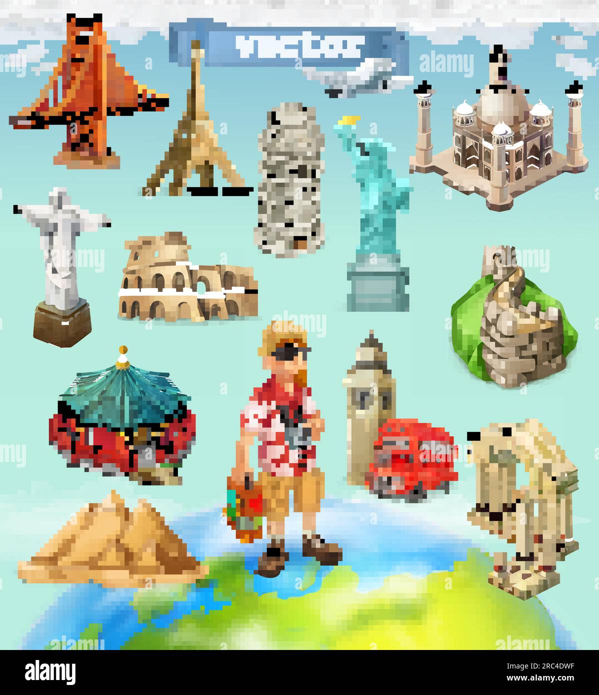 Reisen, Touristenattraktion. 3D-Vektorsymbol auf Hintergrund gesetzt Stock Vektor