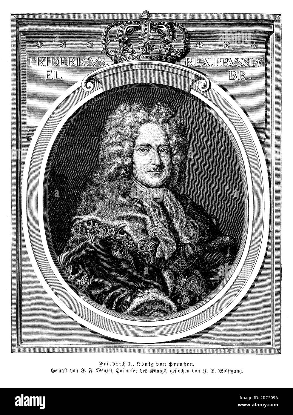 Portrait von Friedrich I., auch bekannt als Friedrich I. von Preußen, erster König von Preußen von 1701 bis zu seinem Tod 1713. Er wurde am 11. Juli 1657 geboren und regierte während einer entscheidenden Zeit in der preußischen Geschichte und überwachte die Umwandlung des Staates in eine Großmacht. Friedrich I. war Mitglied der Hohenzollern-Dynastie und spielte eine wichtige Rolle dabei, Preußen den Status eines Königreichs zu verleihen. Er setzte sich für die territoriale Ausdehnung ein und konzentrierte sich auf die Stärkung der militärischen und administrativen Strukturen seines Reiches. Friedrich I wird oft als ein üppiger und extravaganter Monarch in Erinnerung gerufen, der für h bekannt ist Stockfoto