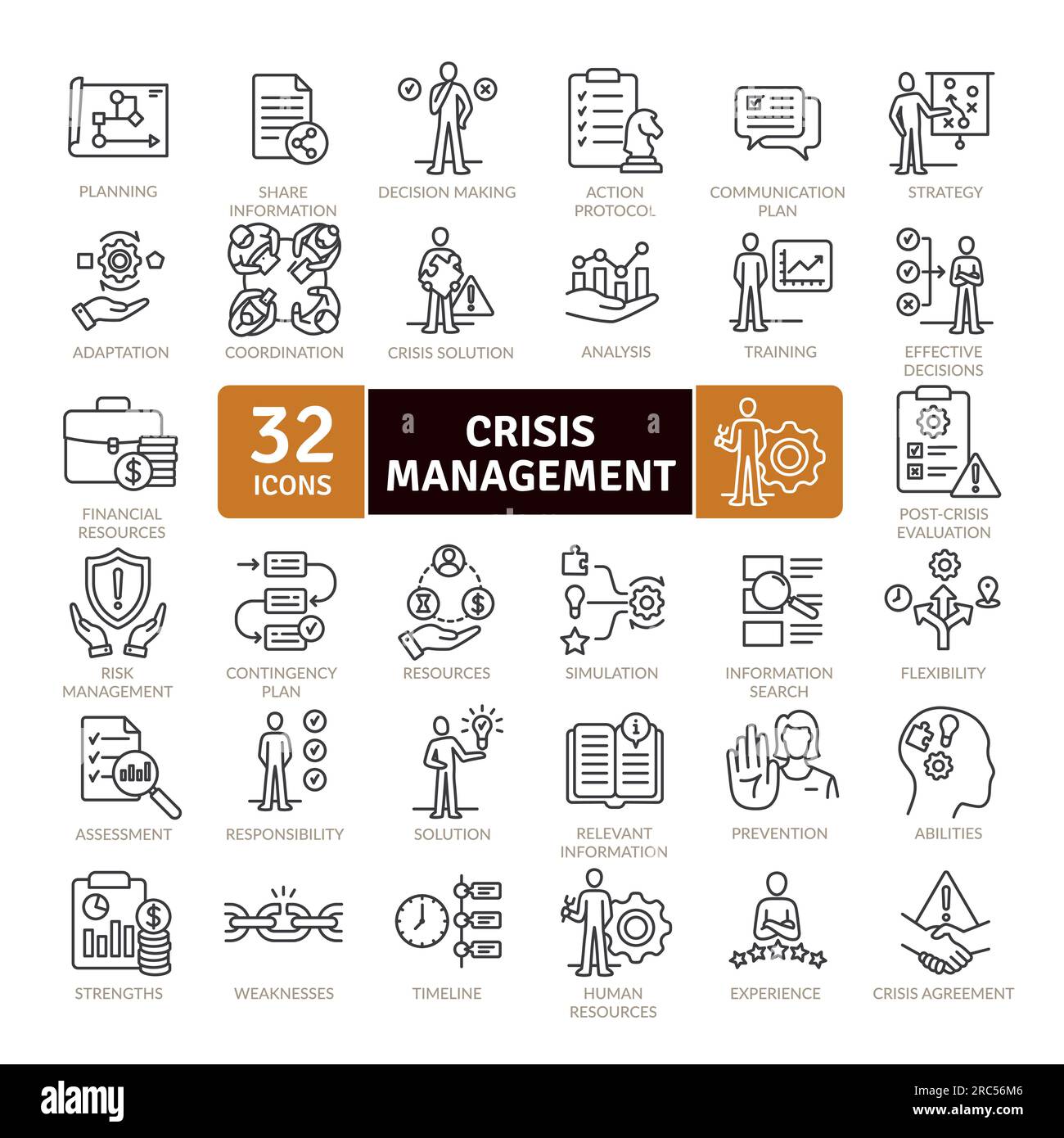 Sammlung von Symbolen und Tools für das Krisenmanagement, um dies zu vermeiden. Symbole für dünne Linien festgelegt. Einfache Vektorsymbole Stock Vektor