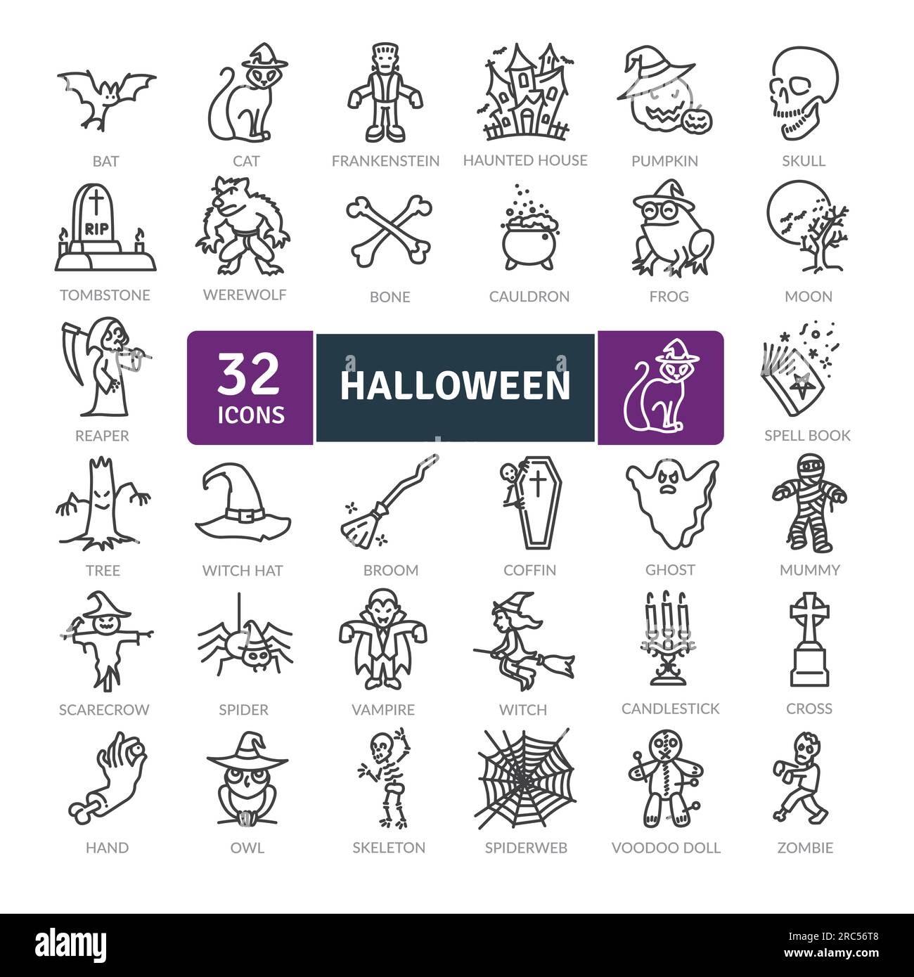 Halloween-Ikonen-Pack. Symbole für dünne Linien festgelegt. Einfache Vektorsymbole Stock Vektor