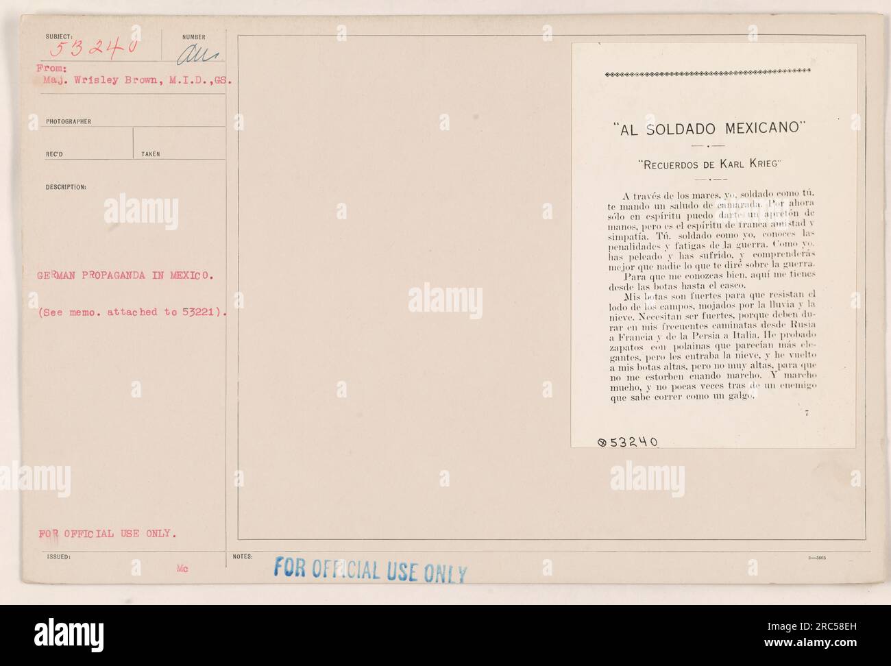 Deutsche Propaganda in Mexiko im Ersten Weltkrieg. Im beigefügten Memo wird ein Foto der deutschen Propagandaaktivitäten in Mexiko erwähnt. Die Propaganda zielte darauf ab, antiamerikanische Gefühle zu fördern und mexikanische Soldaten gegen die USA anzuwerben. Das Bild zeigt ein Poster mit einer Botschaft der Kameradschaft zwischen deutschen und mexikanischen Soldaten, die die gemeinsamen Not des Krieges hervorhebt. Stockfoto