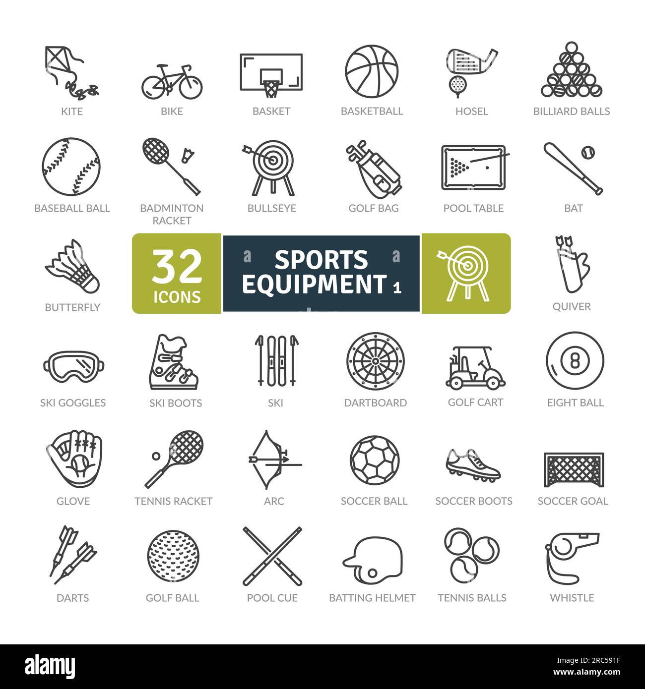 Symbolpaket Sportausrüstung. Symbole für dünne Linien festgelegt. Einfache Vektorsymbole Stock Vektor