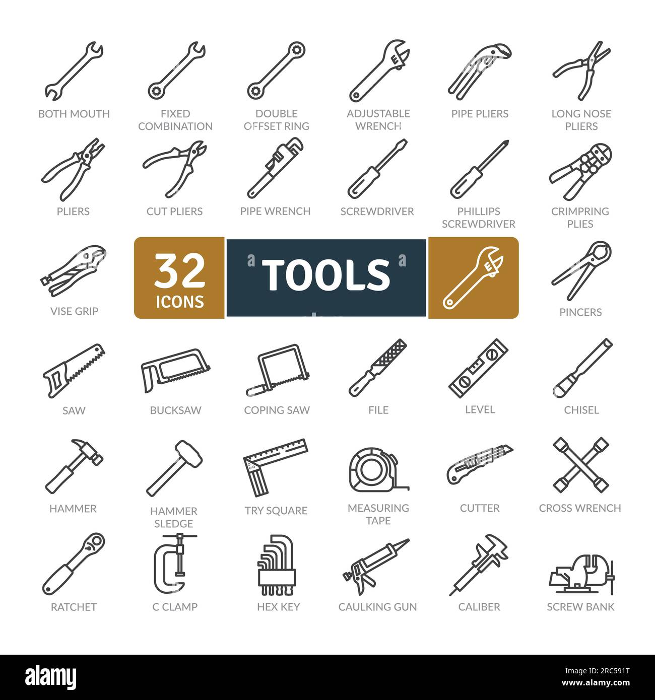 Symbole Für Arbeitsgeräte. Collection für Zeilensymbole festgelegt. Einfache Vektorsymbole Stock Vektor