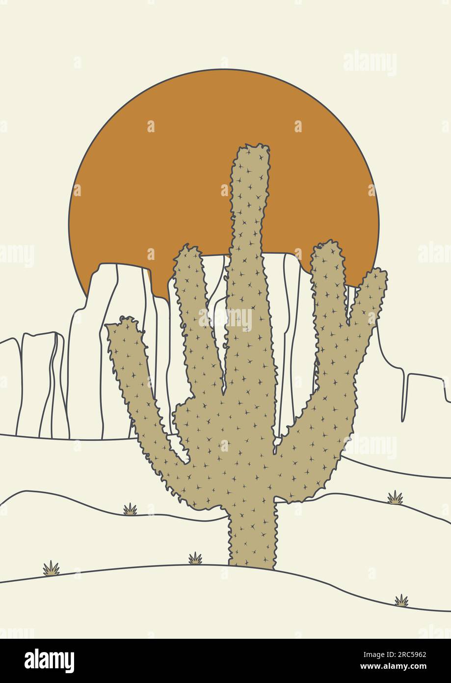 Lineare Cartoon-Wüste mit plakat-Illustration in saguaro-Landschaft Stock Vektor