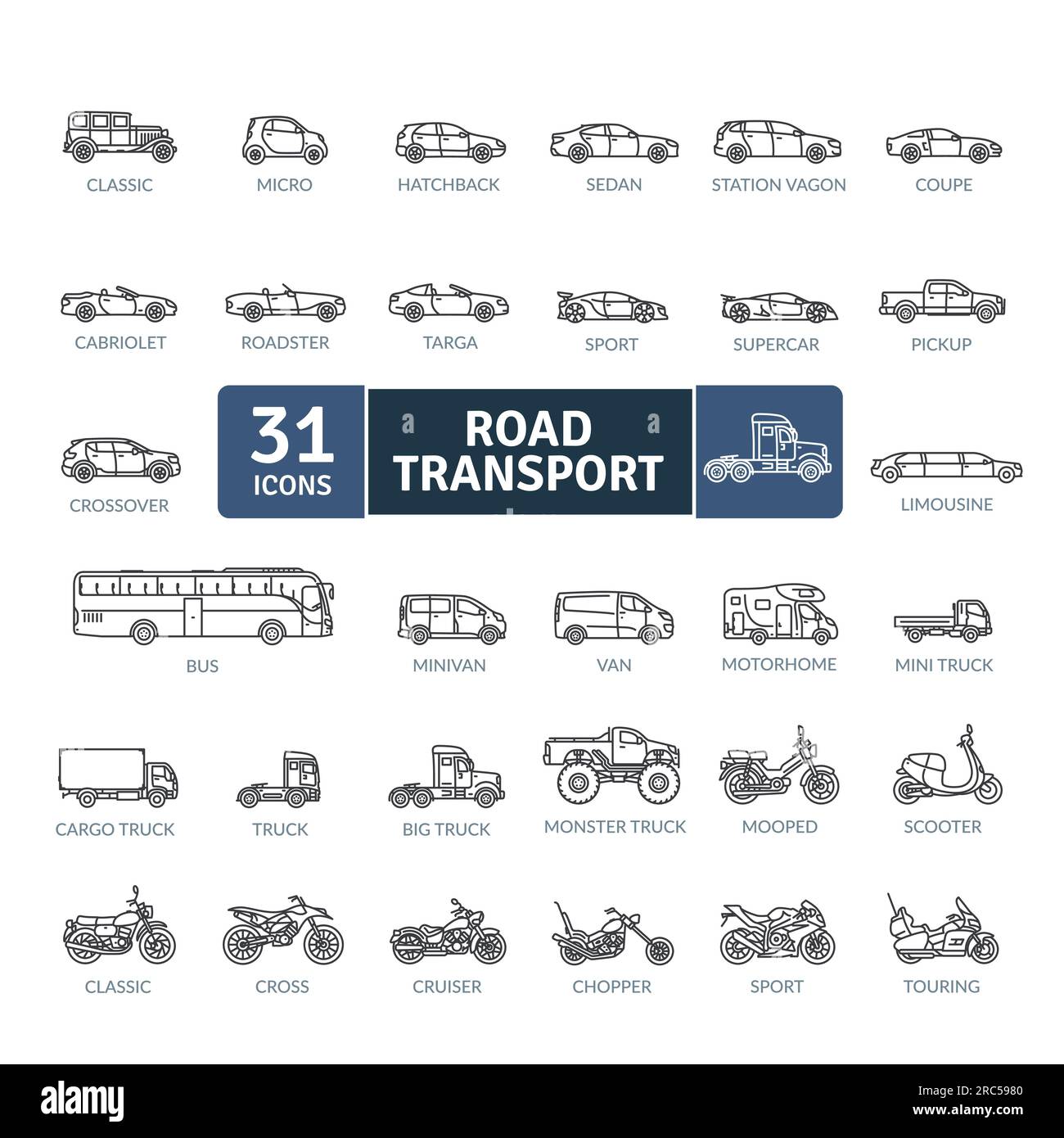 Icons-Paket Für Straßenfahrzeuge. Symbole für dünne Linien festgelegt. Einfache Vektorsymbole Stock Vektor