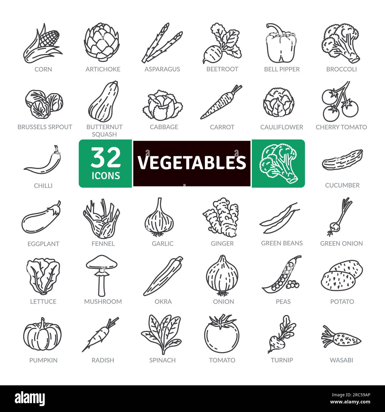 Symbole für frisches und saftiges Gemüse. Collection für Zeilensymbole festgelegt. Einfache Vektorsymbole Stock Vektor