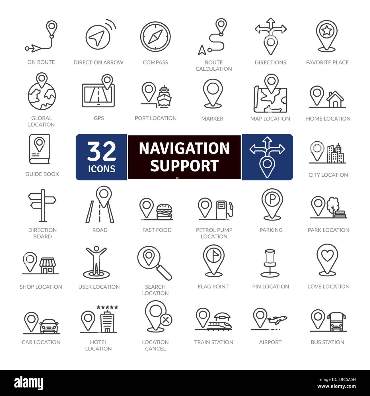 Symbolpaket für Unterstützung der terrestrischen Navigation. Sammlung von dünnen Symbolen, die die digitale Navigation unterstützen Stock Vektor