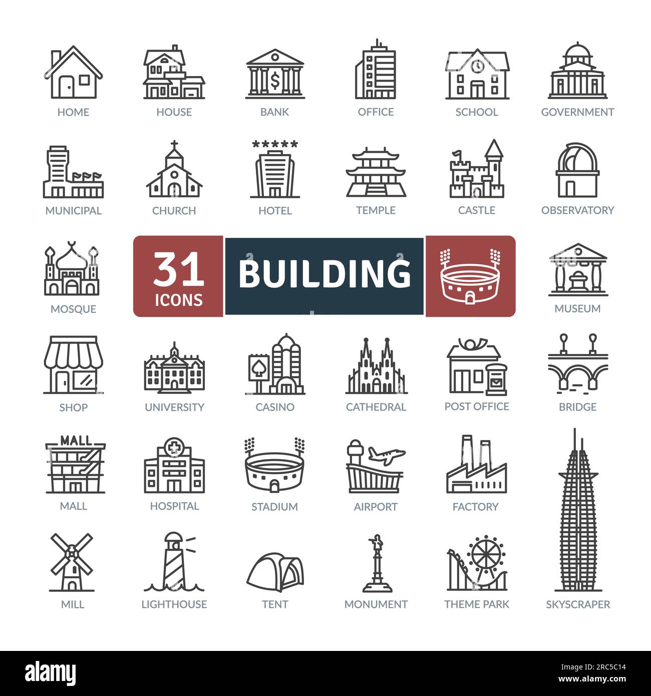Bausymbole. Symbolsatz für Thin-Line-Architektur. Einfache Vektorsymbole Stock Vektor