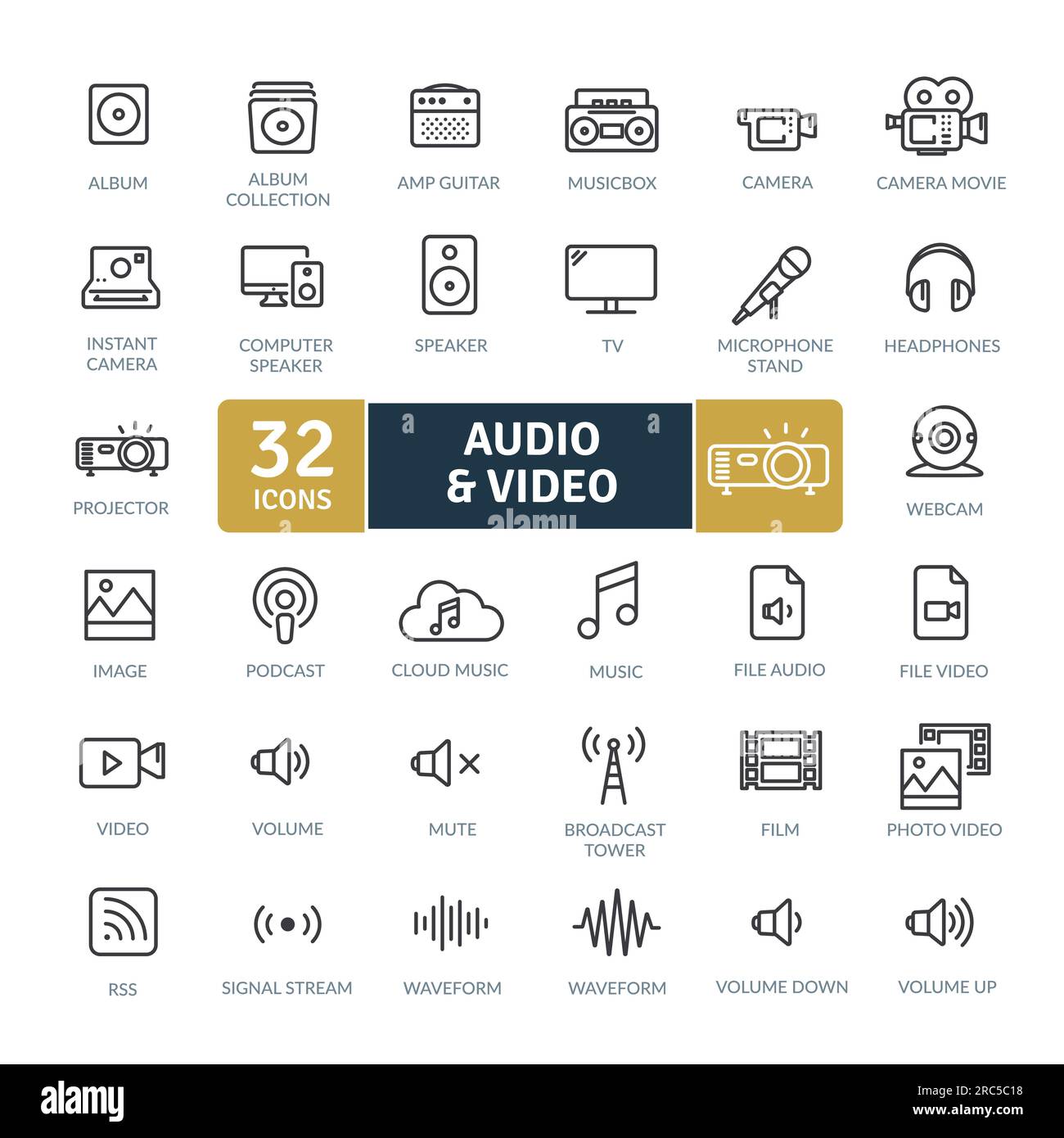 Audio/Video-Symbolpaket. Symbole für dünne Linien festgelegt. Einfache Vektorsymbole Stock Vektor