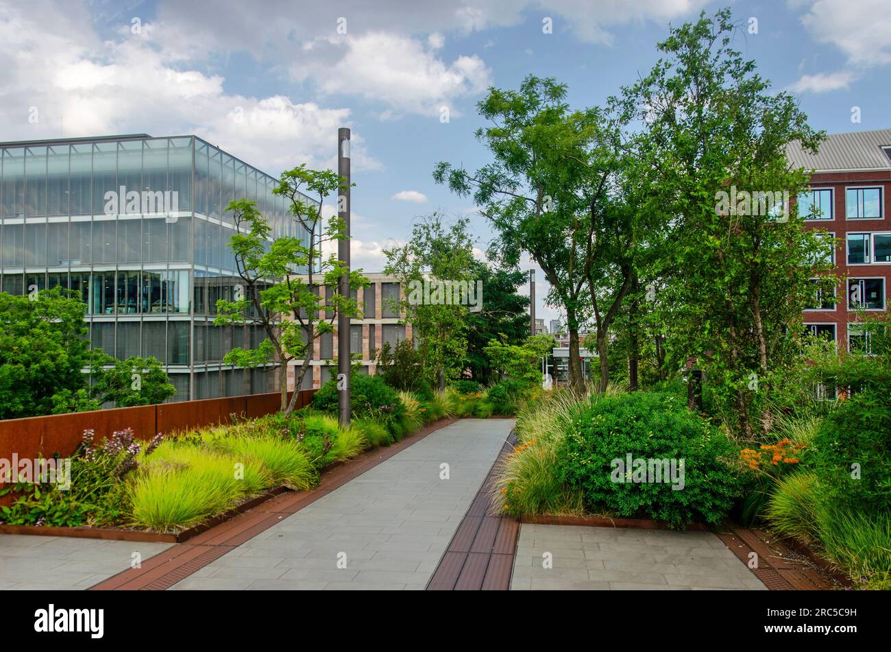 Den Bosch, Niederlande, 10. Juli 2023: Bäume, Sträucher und anderes Grün auf einer kortenförmigen Stahlbrücke über die Eisenbahnschienen Stockfoto