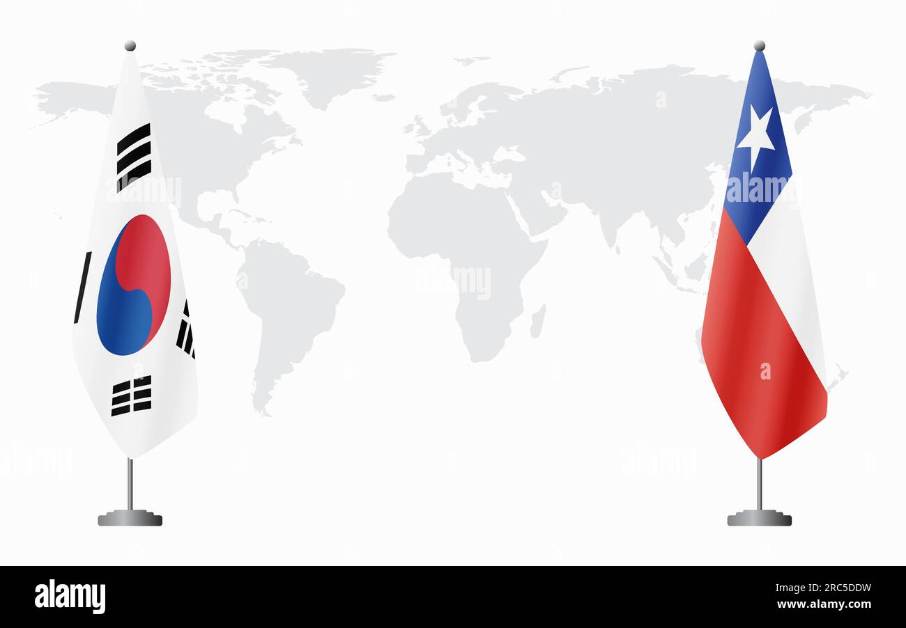 Südkoreanische und chilenische Flaggen für offizielles Treffen vor dem Hintergrund der Weltkarte. Stock Vektor