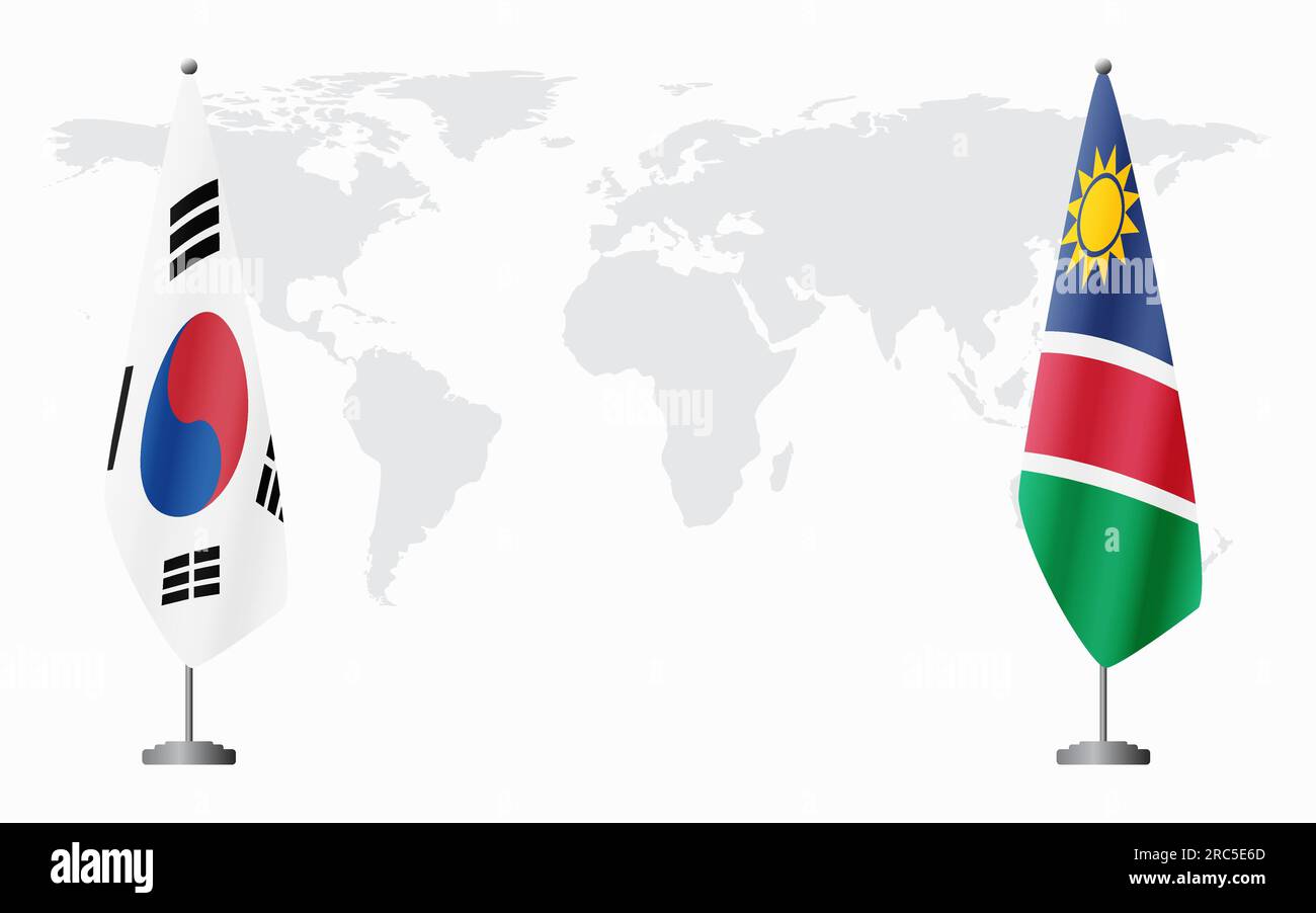 Südkoreanische und Namibia-Flaggen für offizielles Treffen vor dem Hintergrund der Weltkarte. Stock Vektor