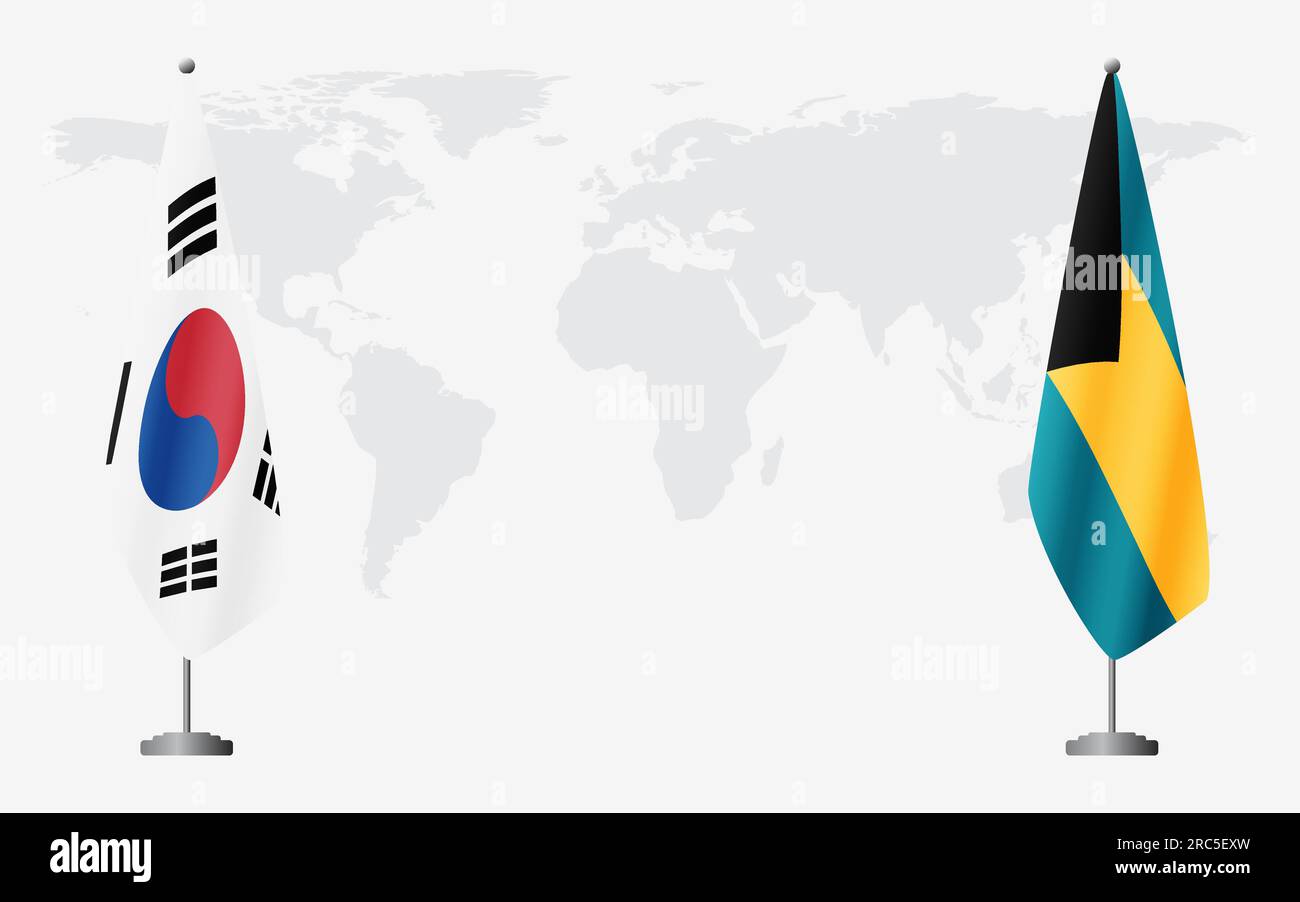 Südkorea und Bahamas Flaggen für offizielles Treffen vor dem Hintergrund der Weltkarte. Stock Vektor