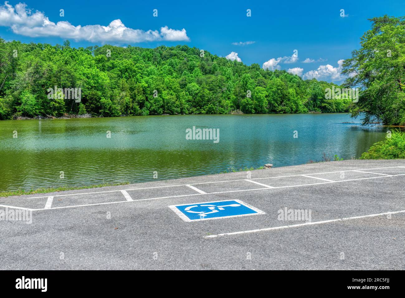 Horizontale Aufnahme eines Behindertenparkplatzes neben dem Tennessee River im Sommer. Stockfoto