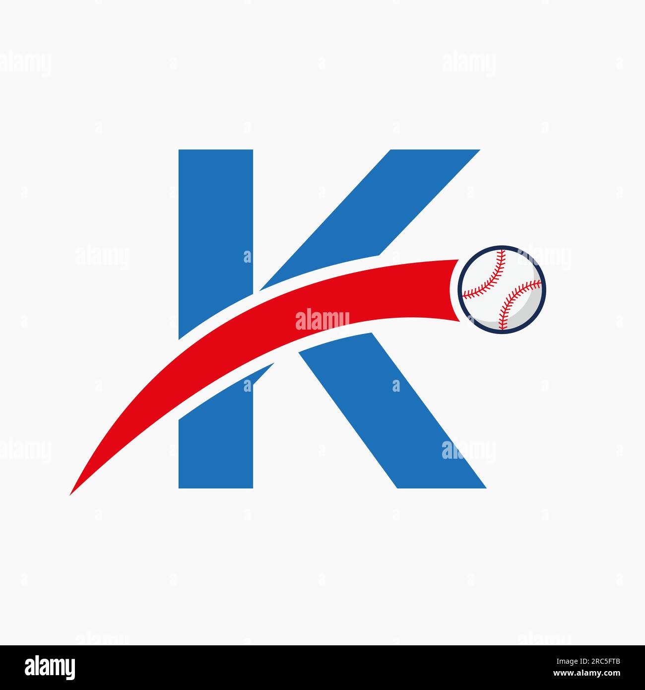 Baseball-Logo auf Buchstabe K mit beweglicher Baseball-Ikone. Baseball-Logo-Vorlage Stock Vektor