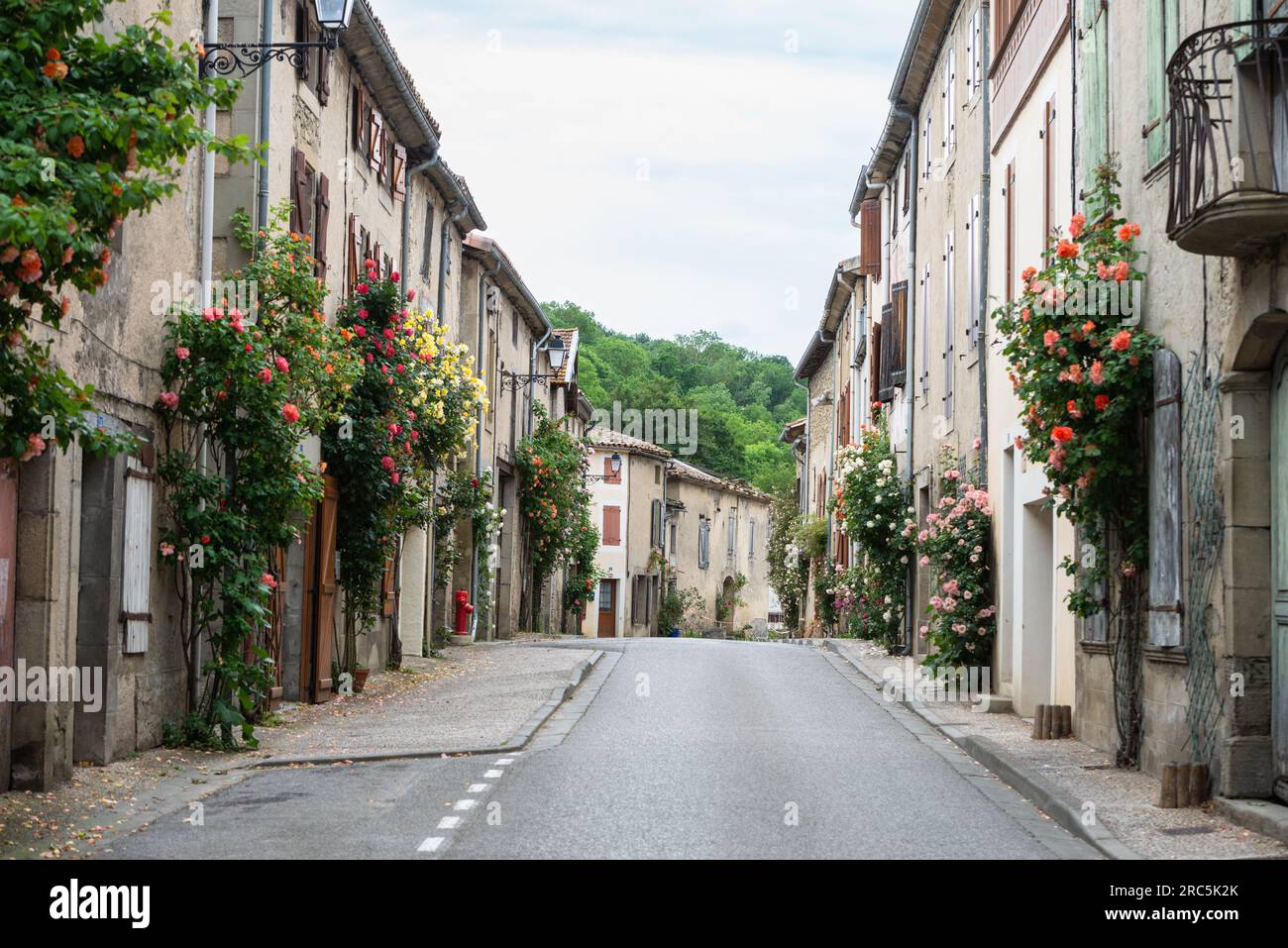 Die Grande Rue in Camon, eine Gemeinde im Departement Arige im Südwesten Frankreichs. Stockfoto