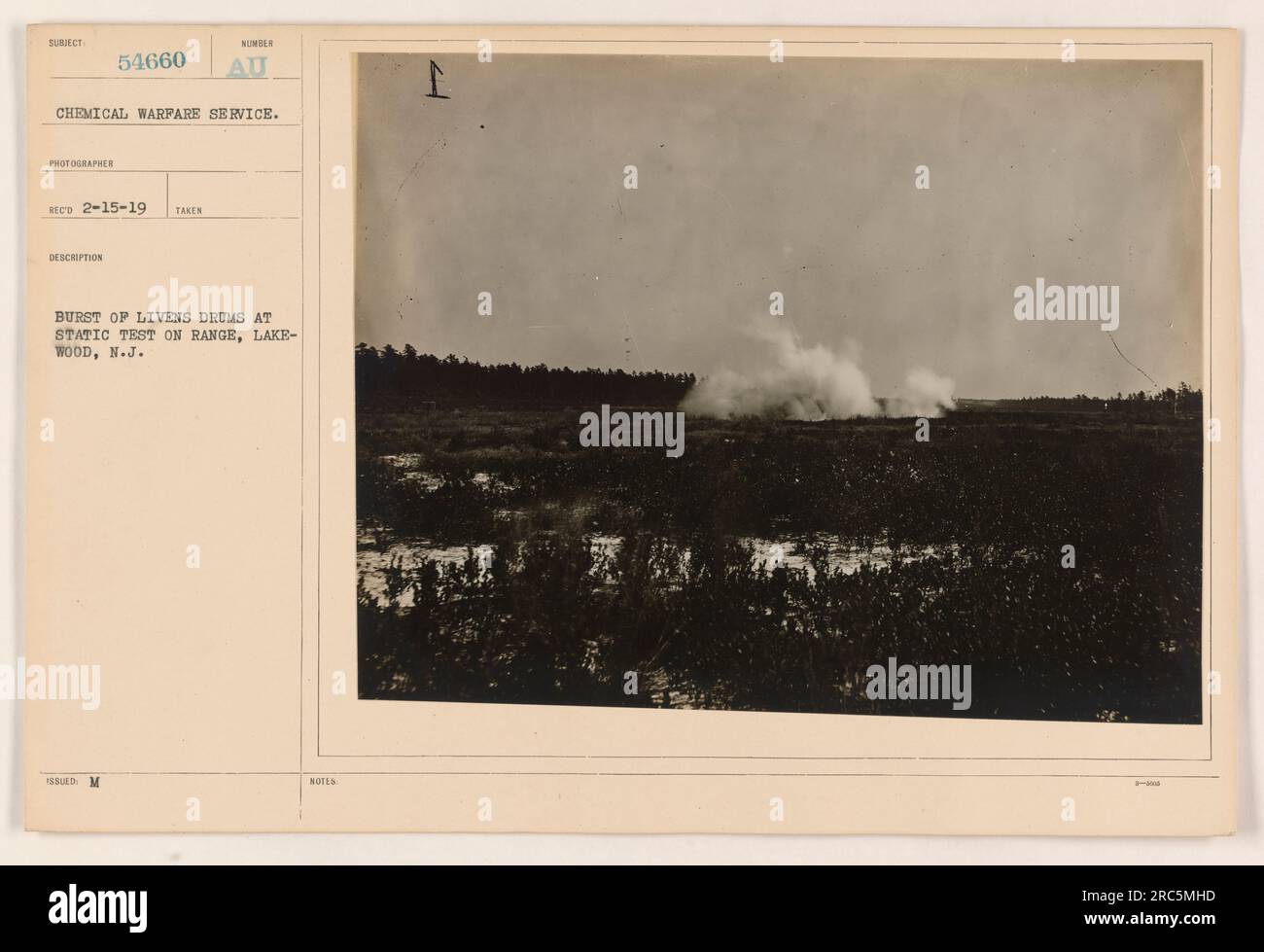 Eine Reihe von Livens Drums, die sich einem statischen Test auf dem Gelände in Lakewood, New Jersey, unterziehen. Dieses Foto bietet einen Einblick in die Aktivitäten des Chemical Warfare Service während des Ersten Weltkriegs. Das Bild wurde von Fotograf Nr. 54660 aufgenommen und am 15. Februar 1919 empfangen. Stockfoto