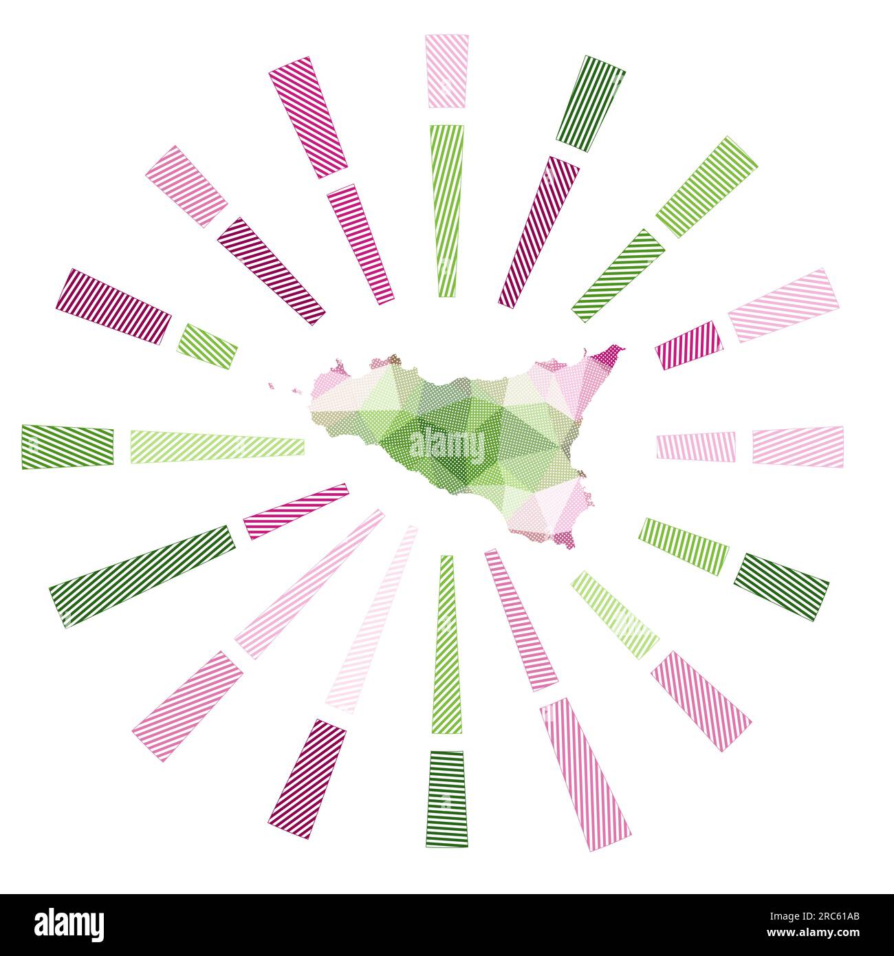 Sizilien-Sonnenaufgang. Niedrige poly-gestreifte Rochen und Karte der Insel. Hervorragende Vektordarstellung. Stock Vektor