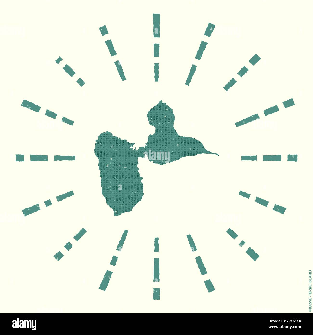 Basse-Terre Island Logo. Poster „Grunge Sunburst“ mit Grenzkarte. Die Form der Insel Basse-Terre, gefüllt mit Hexenzähnen und Sonnenstrahlen. Modern Stock Vektor