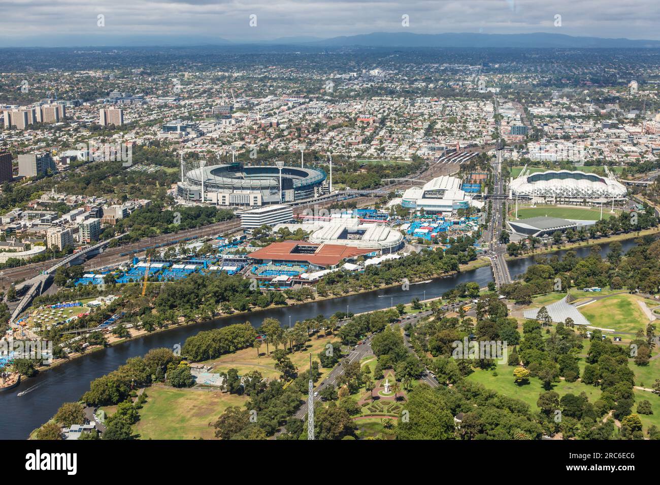 Blick auf Australian Open Tennis Facility und Melbourne Cricket Ground vom Eureka Tower Stockfoto