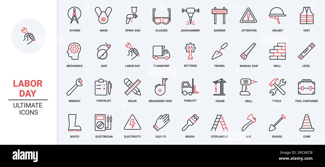 Pinsel und Schraubenschlüssel, Säge und Schaufel aus mechanischem Reparaturwerkzeugkasten, Baukran und Bohrmaschine, Straßensperre. Arbeiter Werkzeuge in der Branche trendige rote schwarze dünne Liniensymbole dienen als Vektordarstellung. Stock Vektor