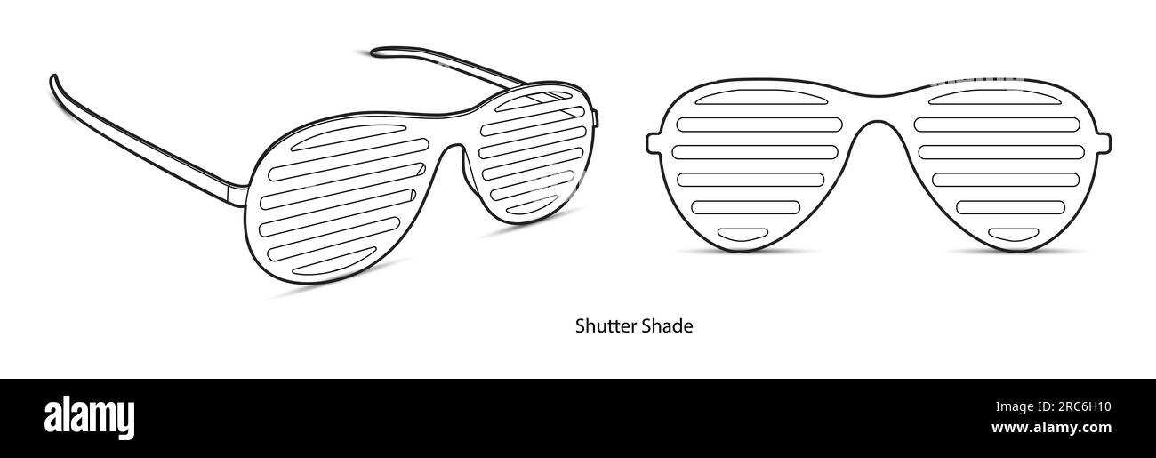 Blendenrahmen Brille Modeaccessoire Illustration. Sonnenbrille vorne und 3-4-Ansicht für Herren, Damen, Unisex-Silhouette, Brille mit flachem Rand Brille mit isolierter Linsenzeichnung Stock Vektor