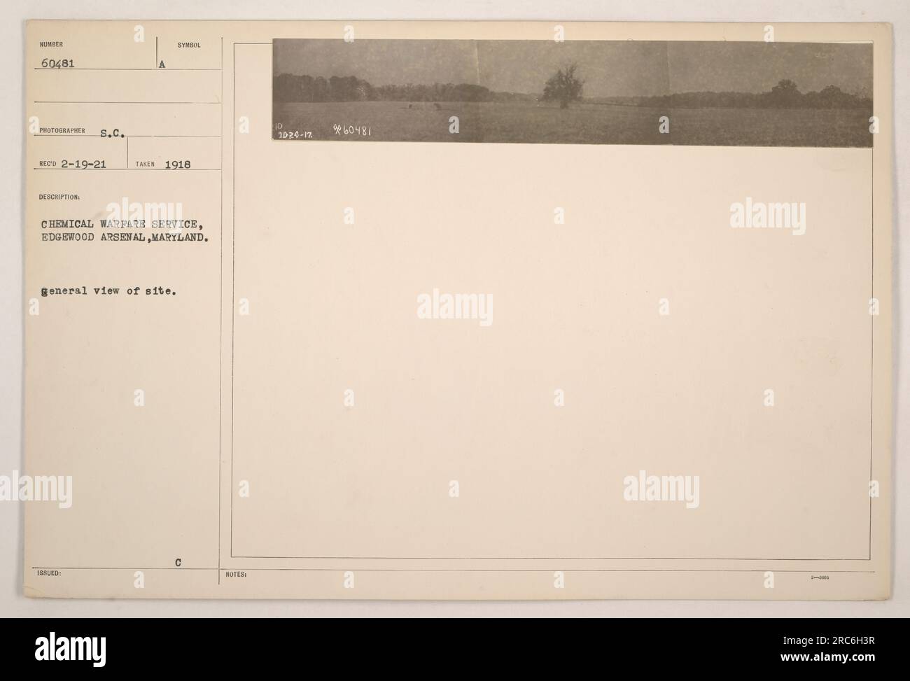 Allgemeiner Überblick über Standort Nr. 60481 am Edgewood Arsenal in Maryland. Dieses Foto wurde 1918 vom Fotografen S.C. aufgenommen Reco, erfasst den Chemiedienst. Es ist Teil einer Reihe von Bildern mit der Nummer 1990 C und wurde in den 1920-1260481-Hinweisen aufgenommen. Stockfoto