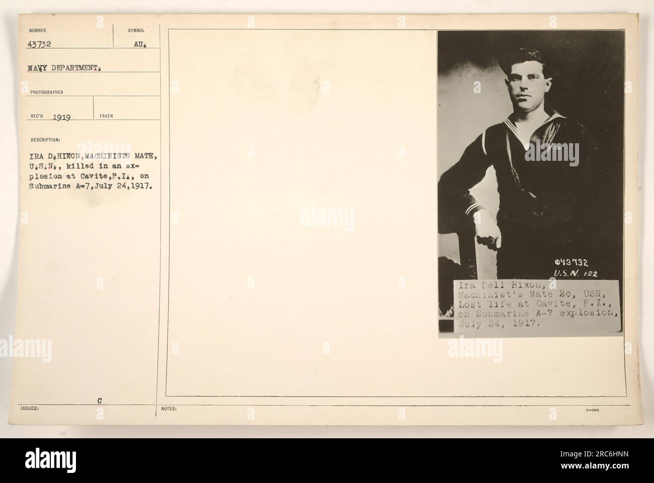Mate Ira Dell Hixon, 20 Jahre alt, verlor sein Leben bei einer Explosion auf U-Boot A-7 in Cavite, P.I. am 24. Juli 1917. Das Foto ist eine Gedenkstätte für sein Opfer. Stockfoto