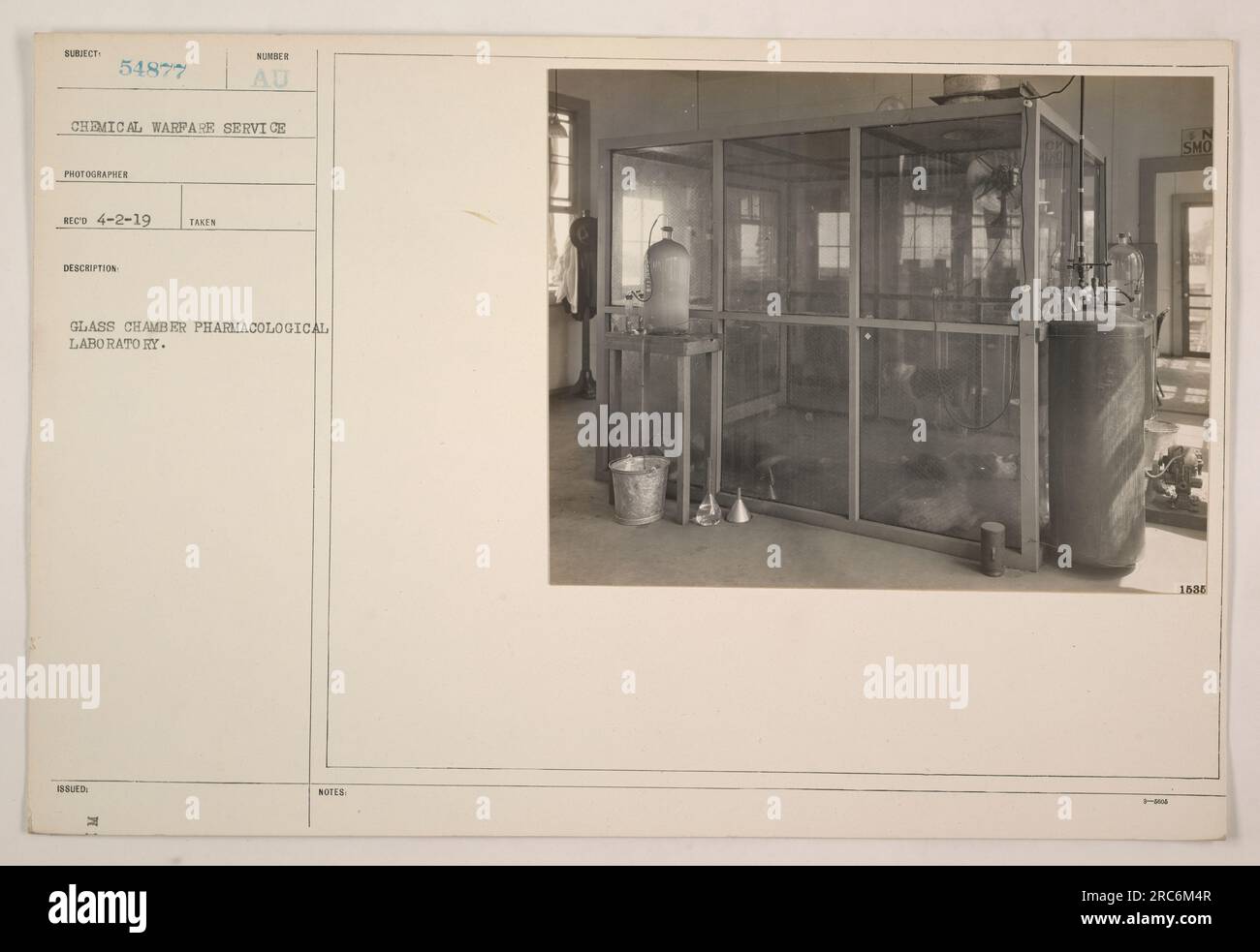 Glaskammer in einem pharmakologischen Labor des Chemischen Kriegsdienstes. Das Foto wurde von Fotograf 54877 am 2. April 1919 aufgenommen. Aus der vorgelegten Beschreibung geht hervor, dass die Glaskammer in einem pharmakologischen Labor verwendet wird. Die ausgestellte Nummer für dieses Bild ist SMO 1638. Stockfoto