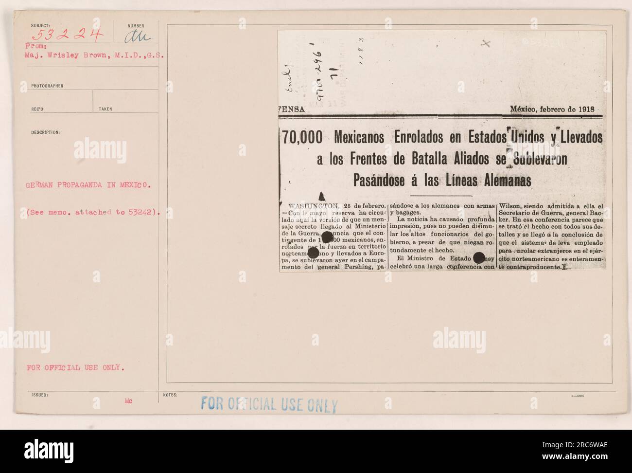 Deutsche Propaganda in Mexiko im Ersten Weltkrieg Es wurde berichtet, dass eine geheime Botschaft beim mexikanischen Kriegsministerium eintraf, die besagte, dass eine Gruppe von 100 Mexikanern, die von den Amerikanern gewaltsam eingeschrieben und nach Europa gebracht worden waren, sich auflehnte und sich den deutschen Linien anschloss. Obwohl die mexikanische Regierung den Vorfall leugnet, hat er bei hochrangigen Beamten Besorgnis hervorgerufen. Stockfoto