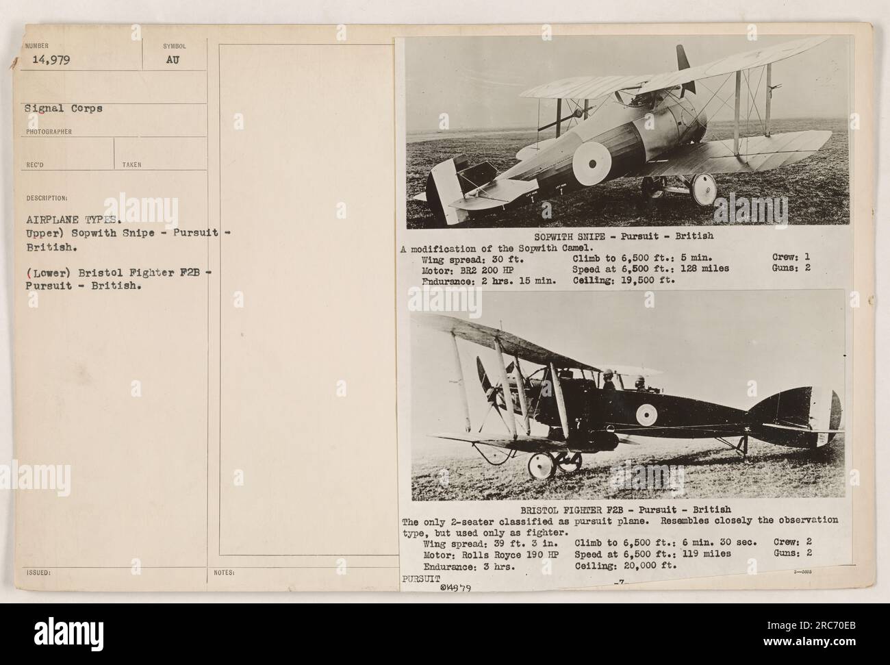 Bildunterschrift: Upper - Sopwith Snipe Pursuit - Britisch. Modifizierte Version von Sopwith Camel mit einer Flügelspannweite von 30 Fuß, angetrieben von einem B32 200-PS-Motor. Kann 2 Stunden und 15 Minuten in der Luft bleiben, erreicht eine Höchstgeschwindigkeit von 128 Meilen auf 6.500 Fuß und hat eine Decke von 19.500 Fuß. Lower - Bristol Fighter F2B - Verfolgungsjagd. Zweisitzer als Verfolgungsflugzeug klassifiziert, ähnelt einem Beobachtungstyp. Verfügt über einen 39 Fuß 3 Zoll großen Flügelbereich, der von einem Rolls Royce 190-PS-Motor angetrieben wird. Kann 3 Stunden in der Luft bleiben, erreicht eine Höchstgeschwindigkeit von 119 km auf 6.500 m und hat eine Decke von 20.000 m. Stockfoto