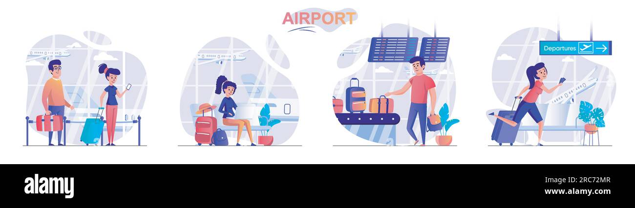 Szenenbild des Flughafenkonzepts. Passagiere mit Gepäck, Reisende im Wartezimmer, Frau, die zum Abflugsteig eilt. Sammlung von Aktivitäten. Vec Stock Vektor