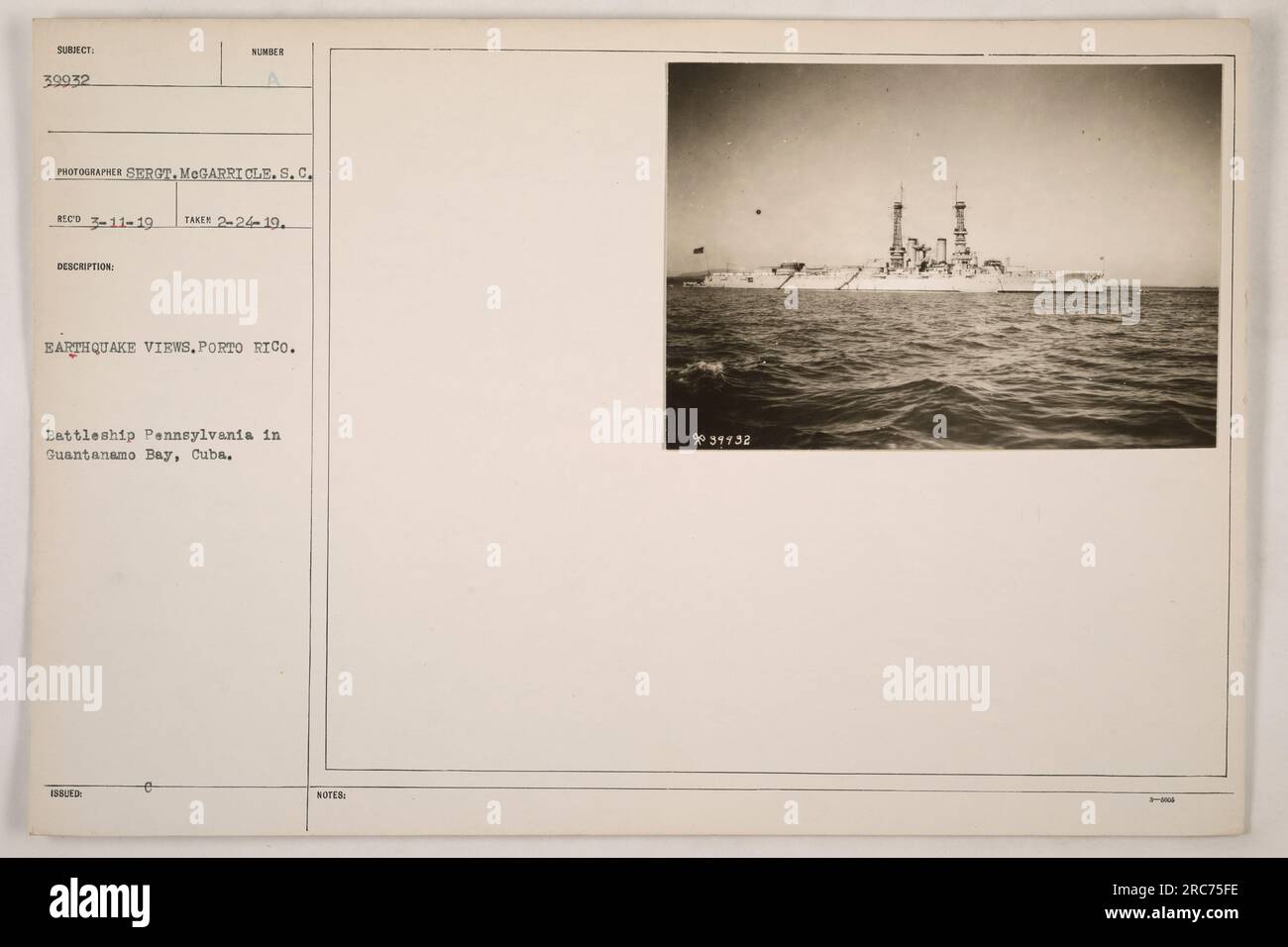 Schlachtschiff Pennsylvania in Guantanamo Bay, Kuba. Foto aufgenommen am 24. Februar 1919 von Sergeant Mogarri CLE.S.C. Sie zeigt Erdbebenansichten in Porto Rico. Das Bild ist in der Sammlung als #39932 markiert. Stockfoto