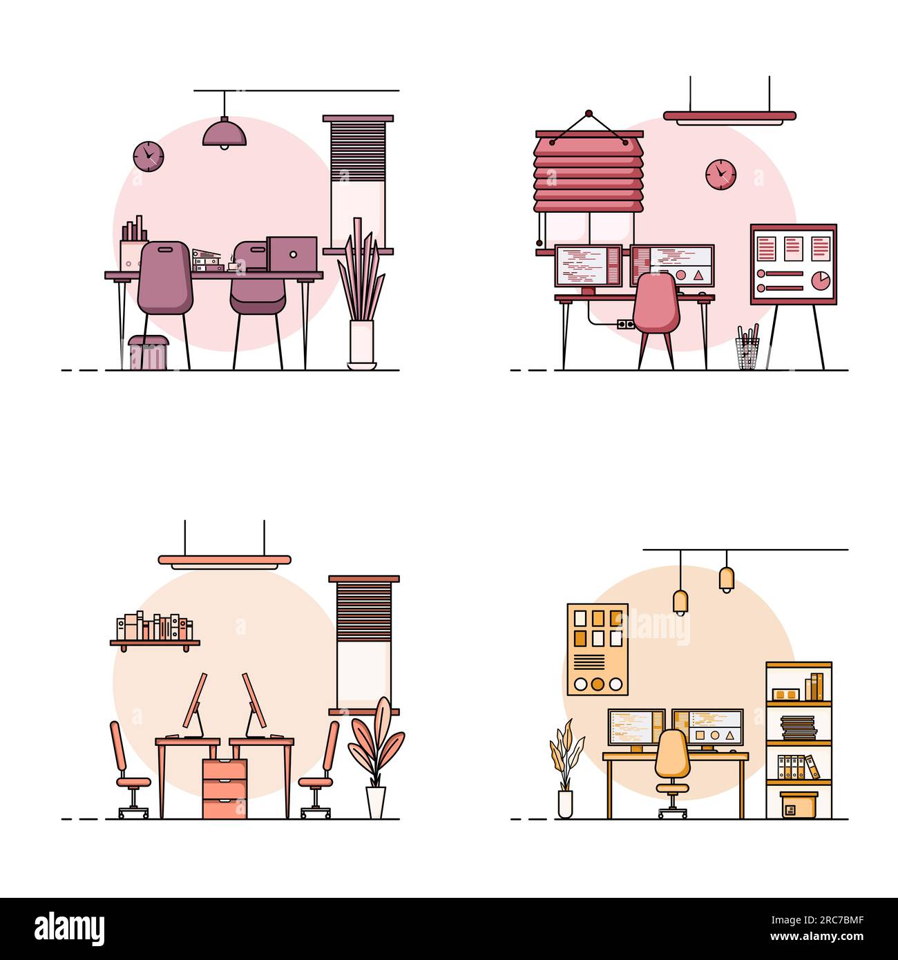 Kollektion von Arbeitstisch-Flachdesign, Konzept von Arbeitstisch-Inneneinrichtung mit Möbeln. Arbeitszimmer und Computer, Schreibtisch, Tisch, Stuhl, Buch, Und sta Stockfoto