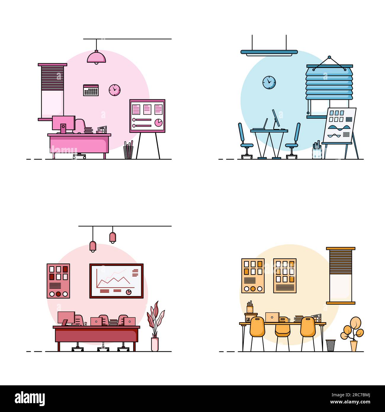 Kollektion von Arbeitstisch-Flachdesign, Konzept von Arbeitstisch-Inneneinrichtung mit Möbeln. Arbeitszimmer und Computer, Schreibtisch, Tisch, Stuhl, Buch, Und sta Stockfoto